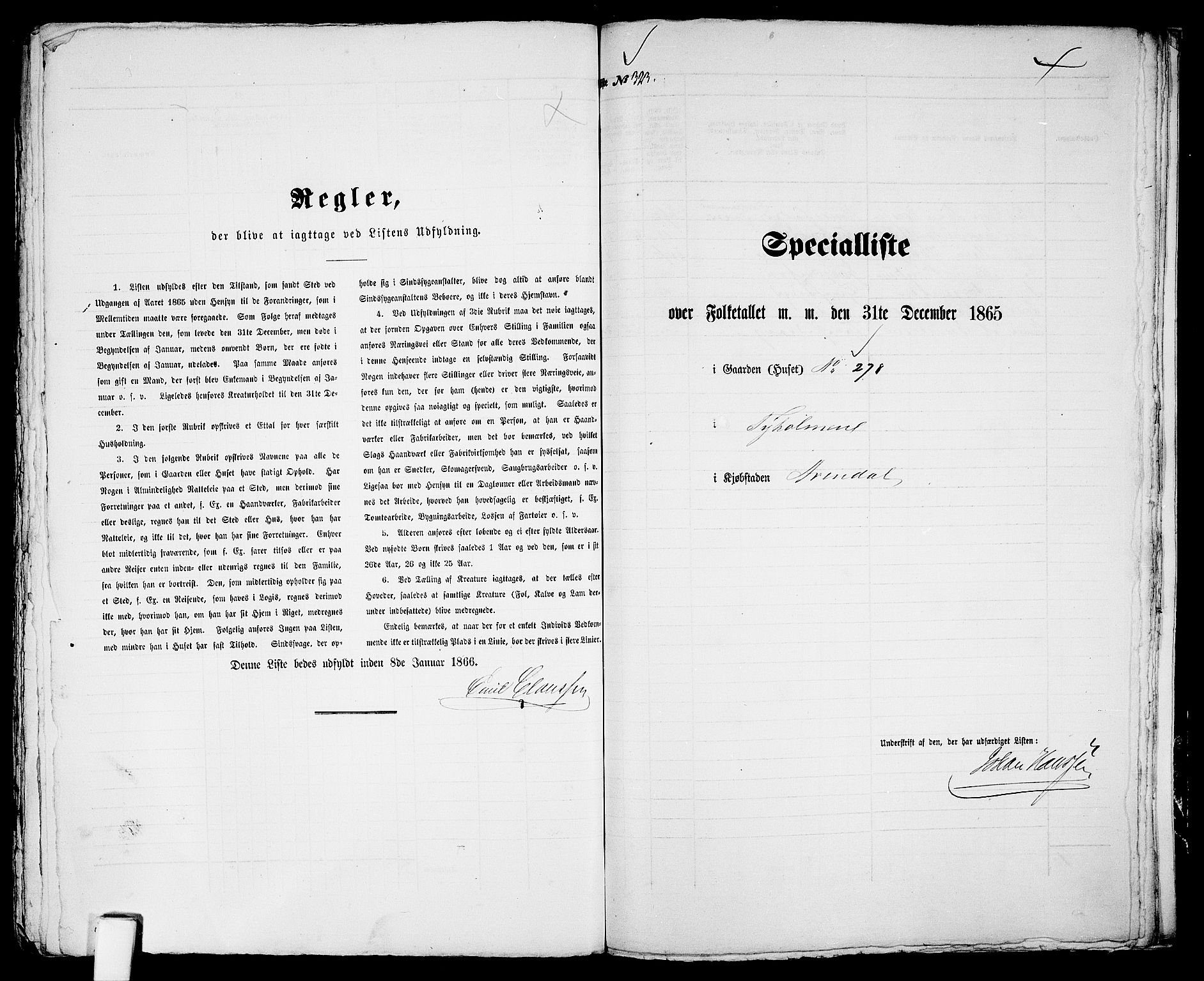 RA, 1865 census for Arendal, 1865, p. 654