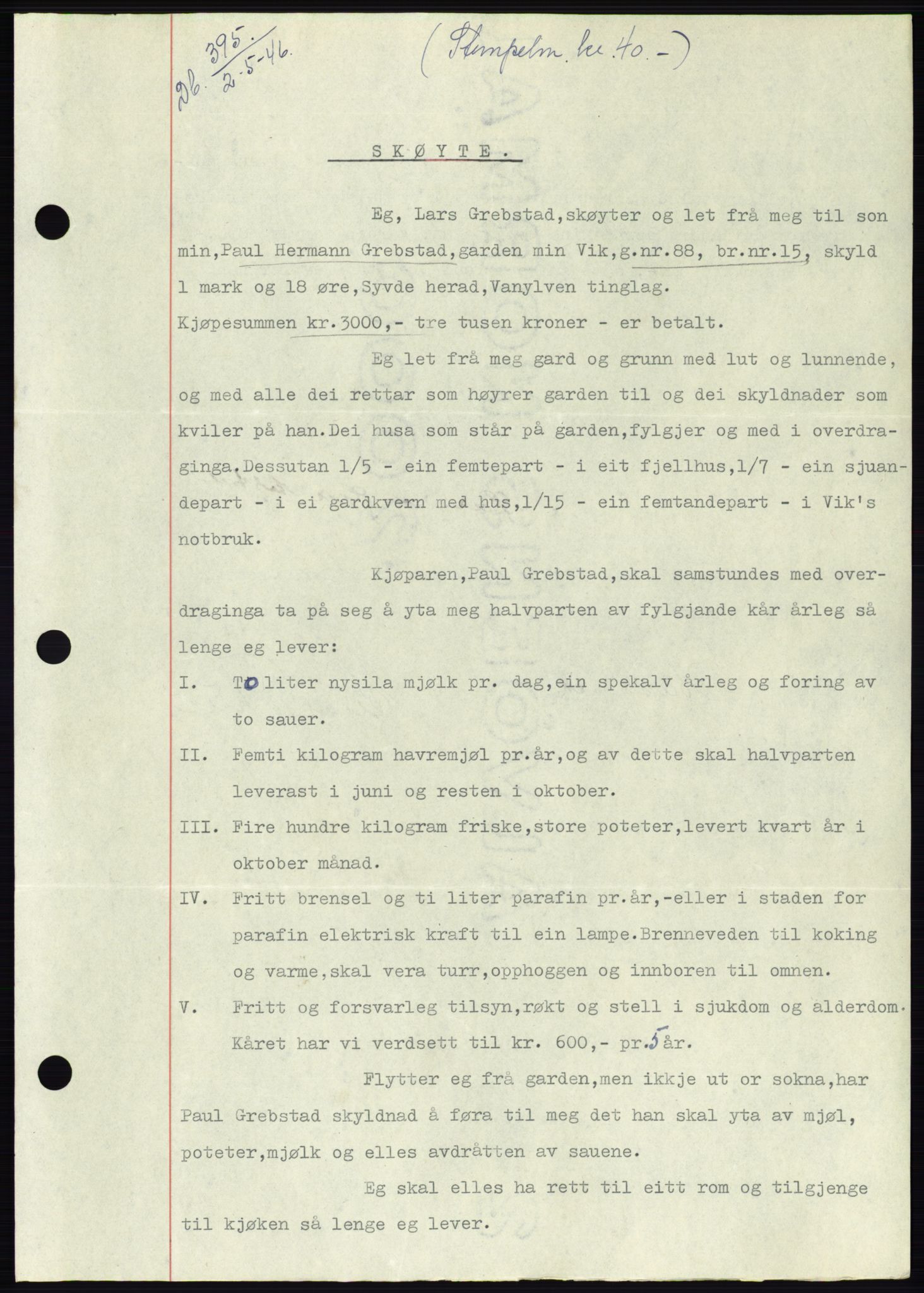 Søre Sunnmøre sorenskriveri, AV/SAT-A-4122/1/2/2C/L0078: Mortgage book no. 4A, 1946-1946, Diary no: : 395/1946