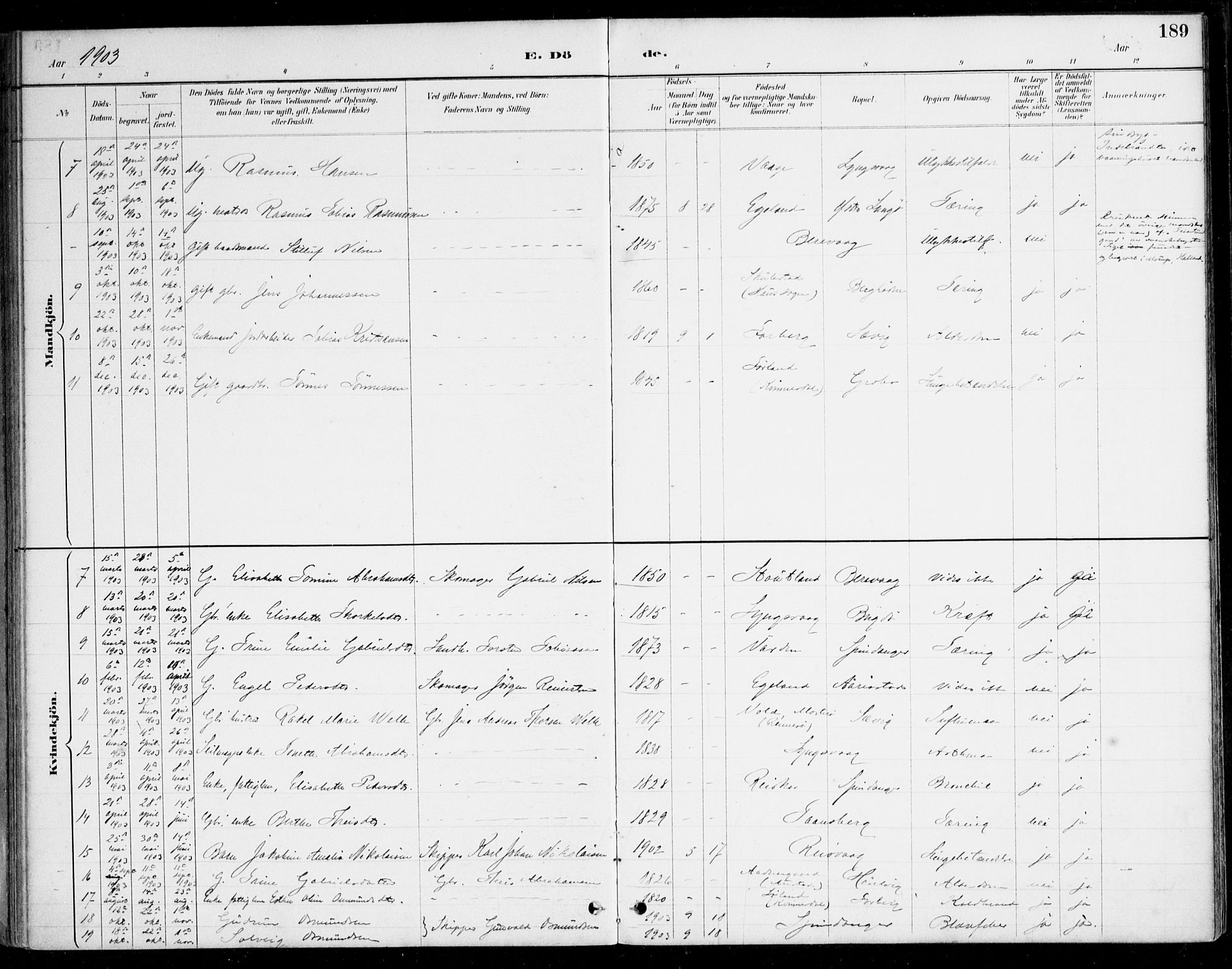 Herad sokneprestkontor, AV/SAK-1111-0018/F/Fa/Fab/L0005: Parish register (official) no. A 5, 1886-1913, p. 189