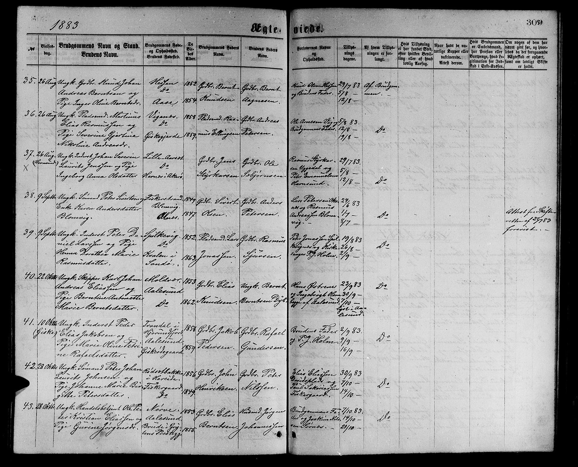 Ministerialprotokoller, klokkerbøker og fødselsregistre - Møre og Romsdal, AV/SAT-A-1454/528/L0429: Parish register (copy) no. 528C10, 1872-1886, p. 309