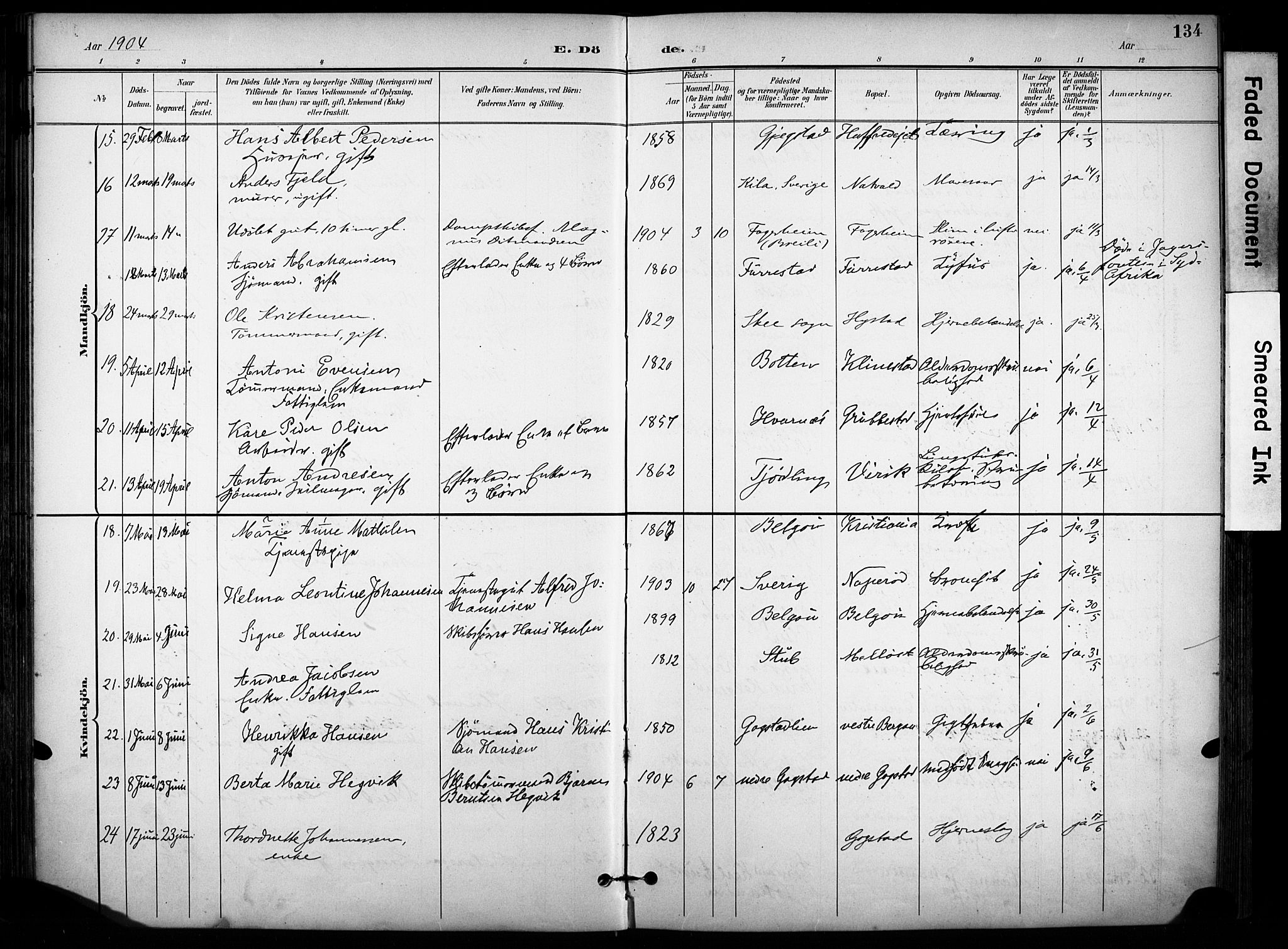 Sandar kirkebøker, AV/SAKO-A-243/F/Fa/L0015: Parish register (official) no. 15, 1896-1907, p. 134