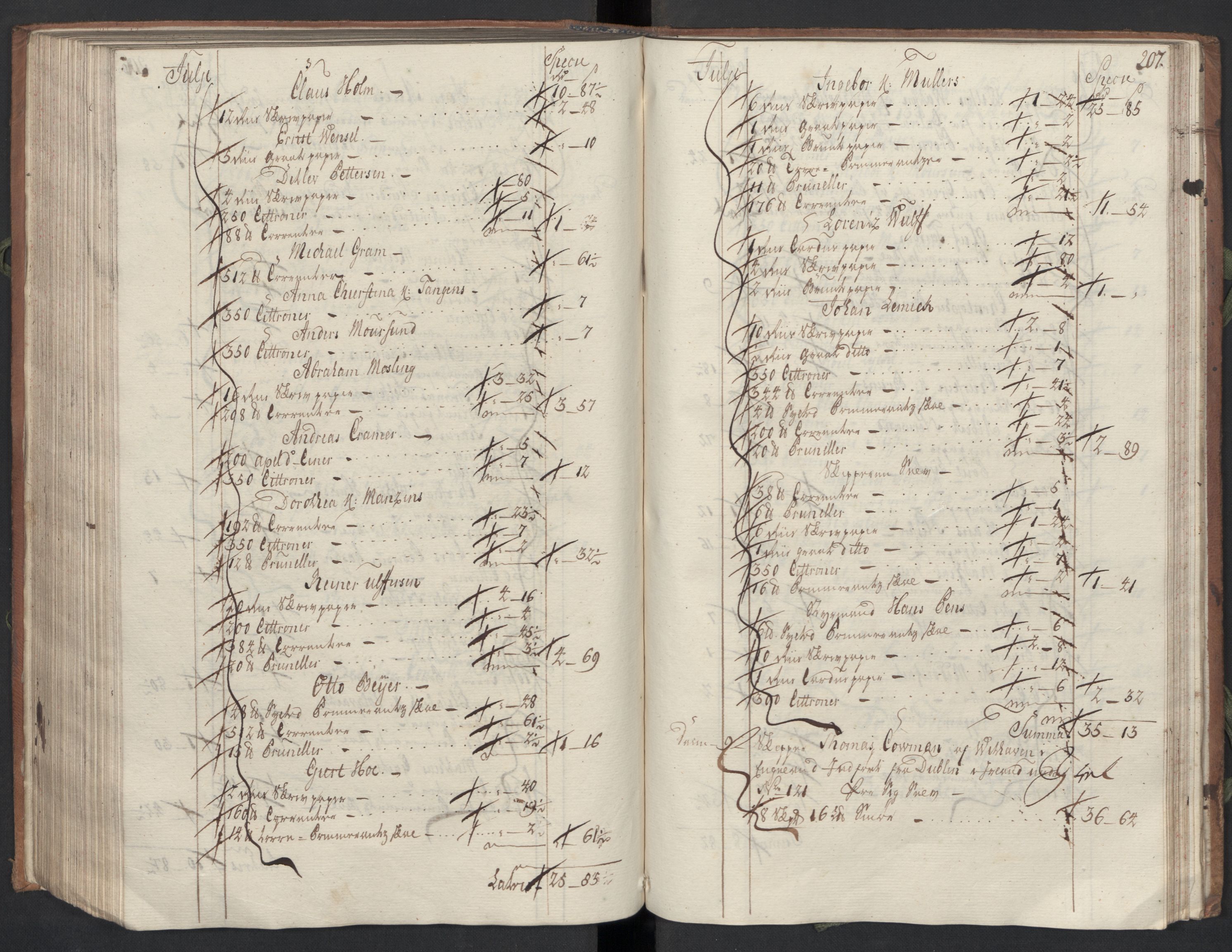 Generaltollkammeret, tollregnskaper, AV/RA-EA-5490/R33/L0047/0001: Tollregnskaper Trondheim A / Inngående hovedtollbok, 1756, p. 206b-207a