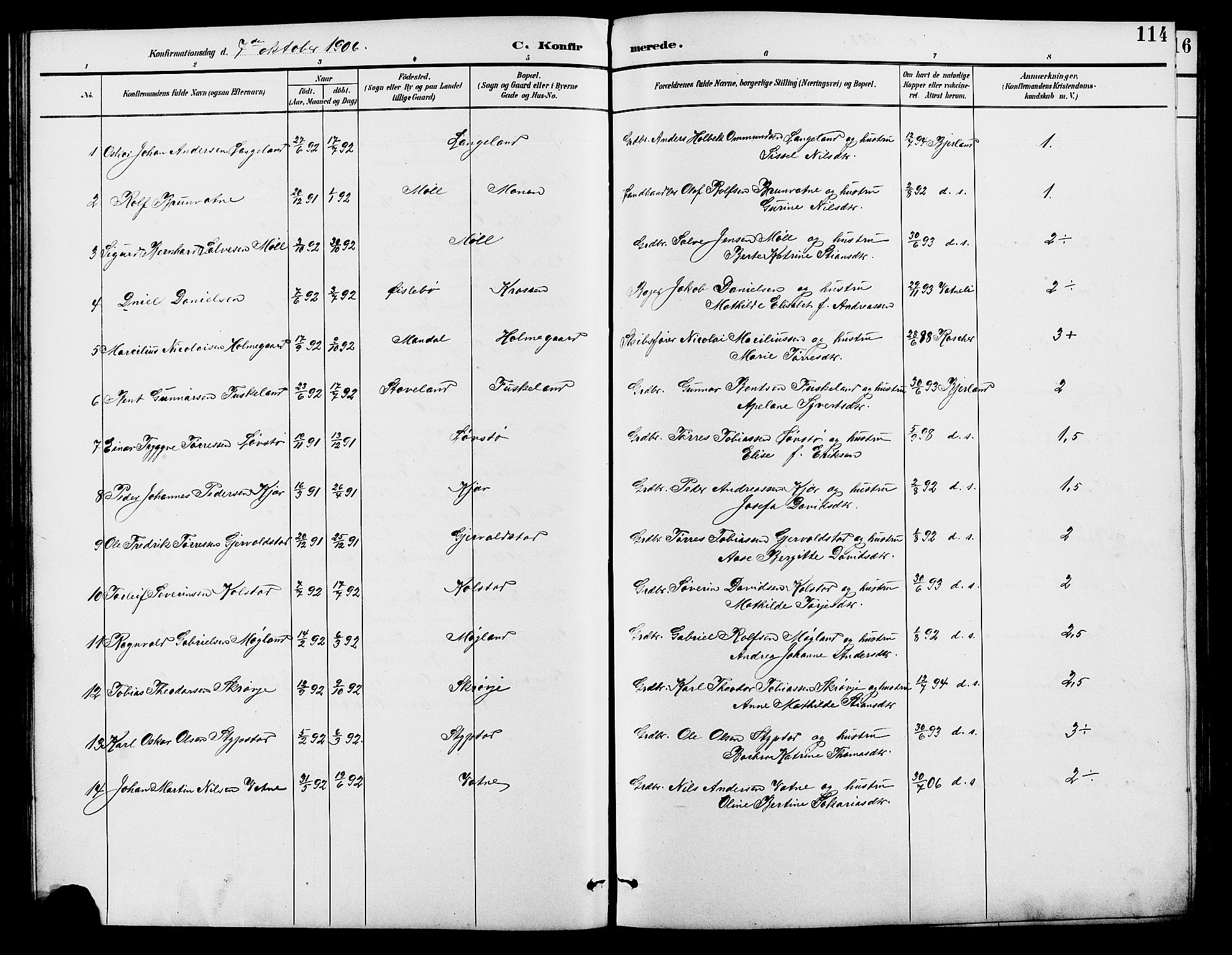 Holum sokneprestkontor, SAK/1111-0022/F/Fb/Fba/L0005: Parish register (copy) no. B 5, 1891-1909, p. 114