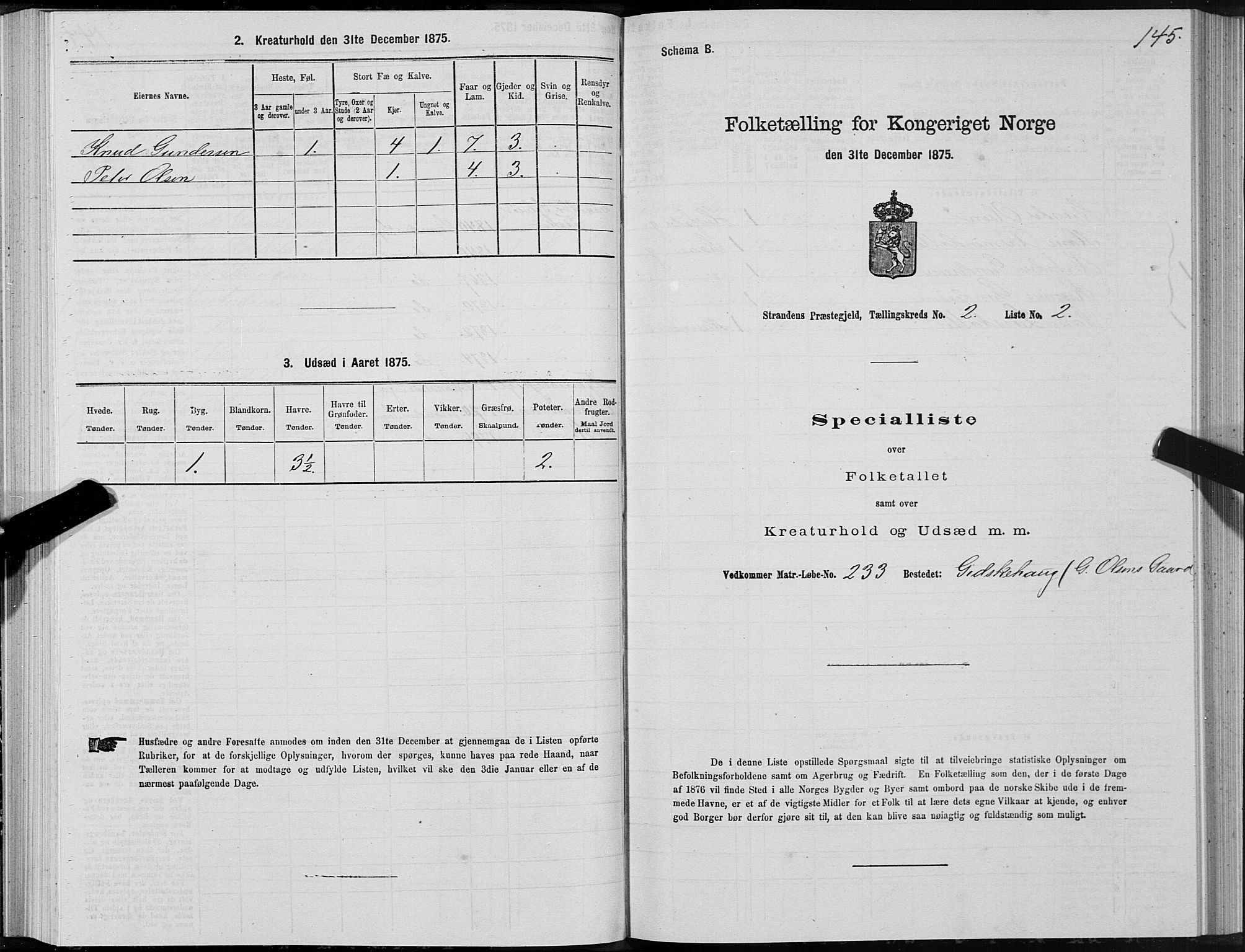 SAT, 1875 census for 1525P Stranda, 1875, p. 1145