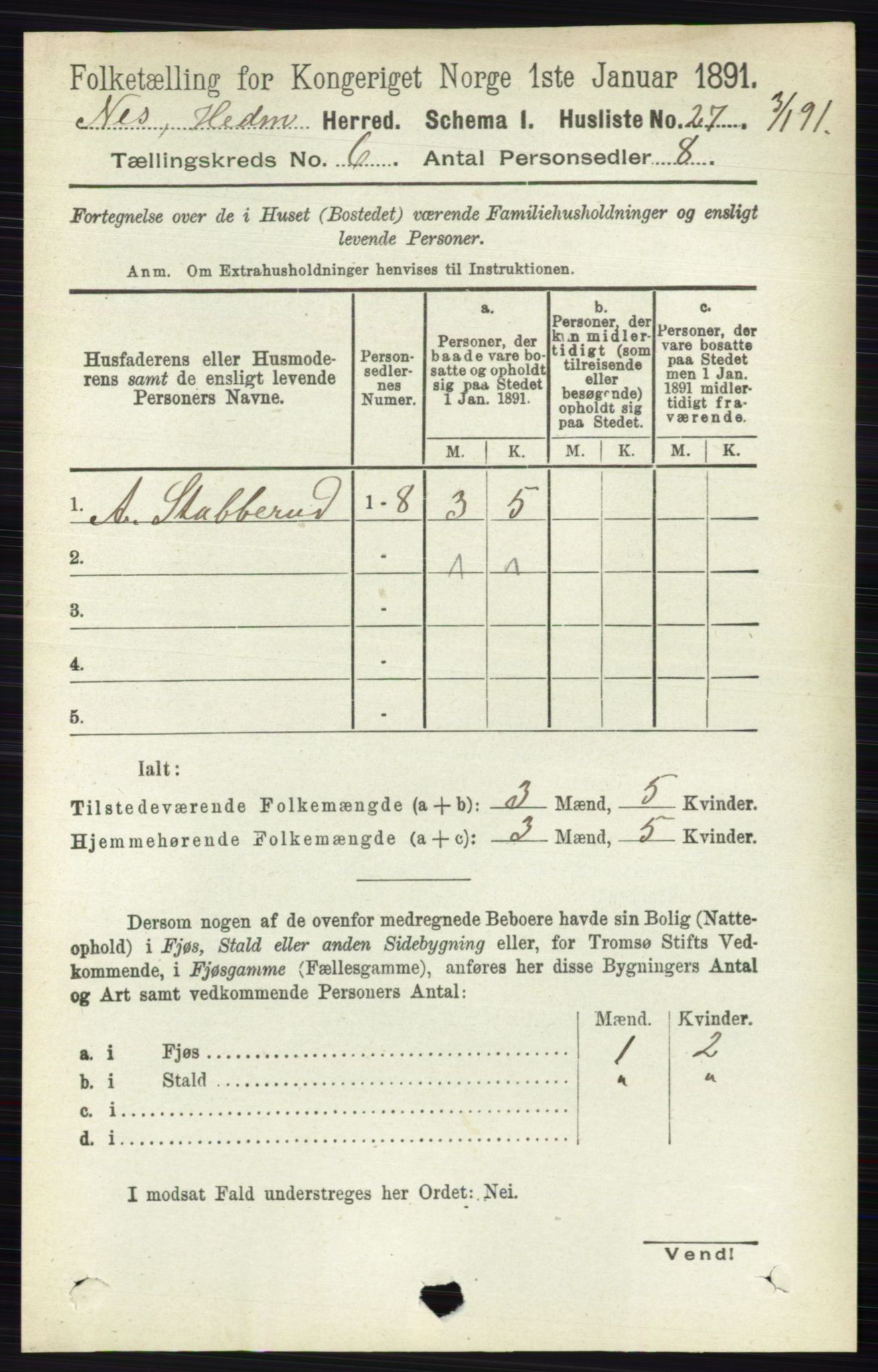 RA, 1891 census for 0411 Nes, 1891, p. 3195
