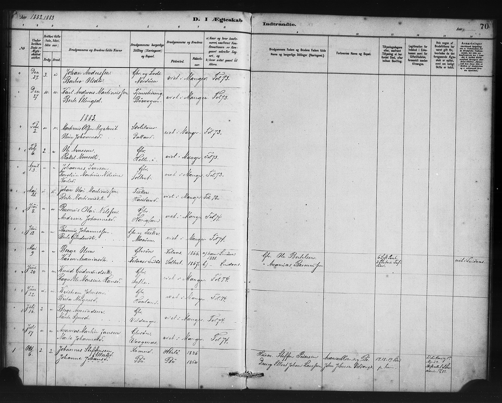 Manger sokneprestembete, SAB/A-76801/H/Haa: Parish register (official) no. C 1, 1881-1890, p. 70