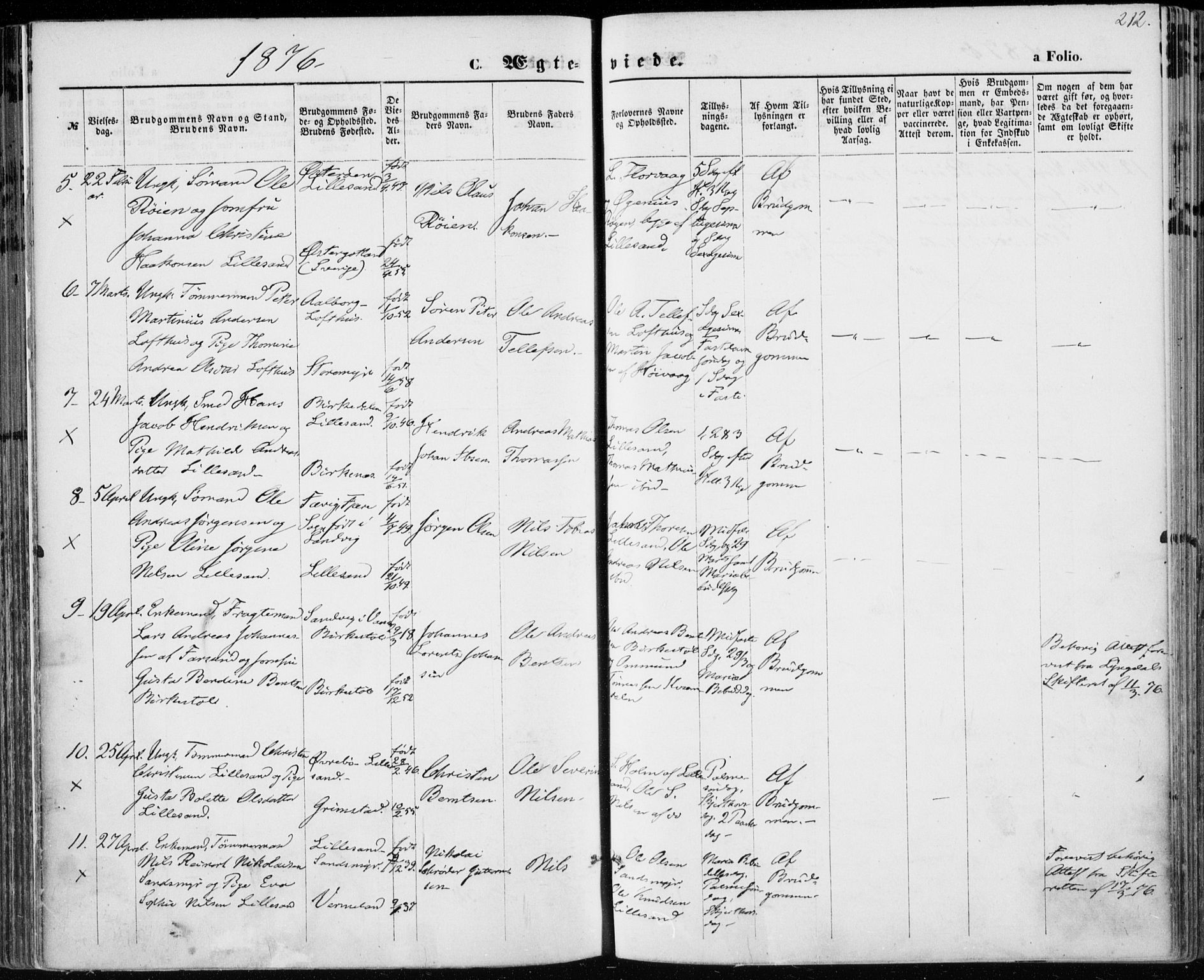 Vestre Moland sokneprestkontor, SAK/1111-0046/F/Fa/Fab/L0008: Parish register (official) no. A 8, 1873-1883, p. 212