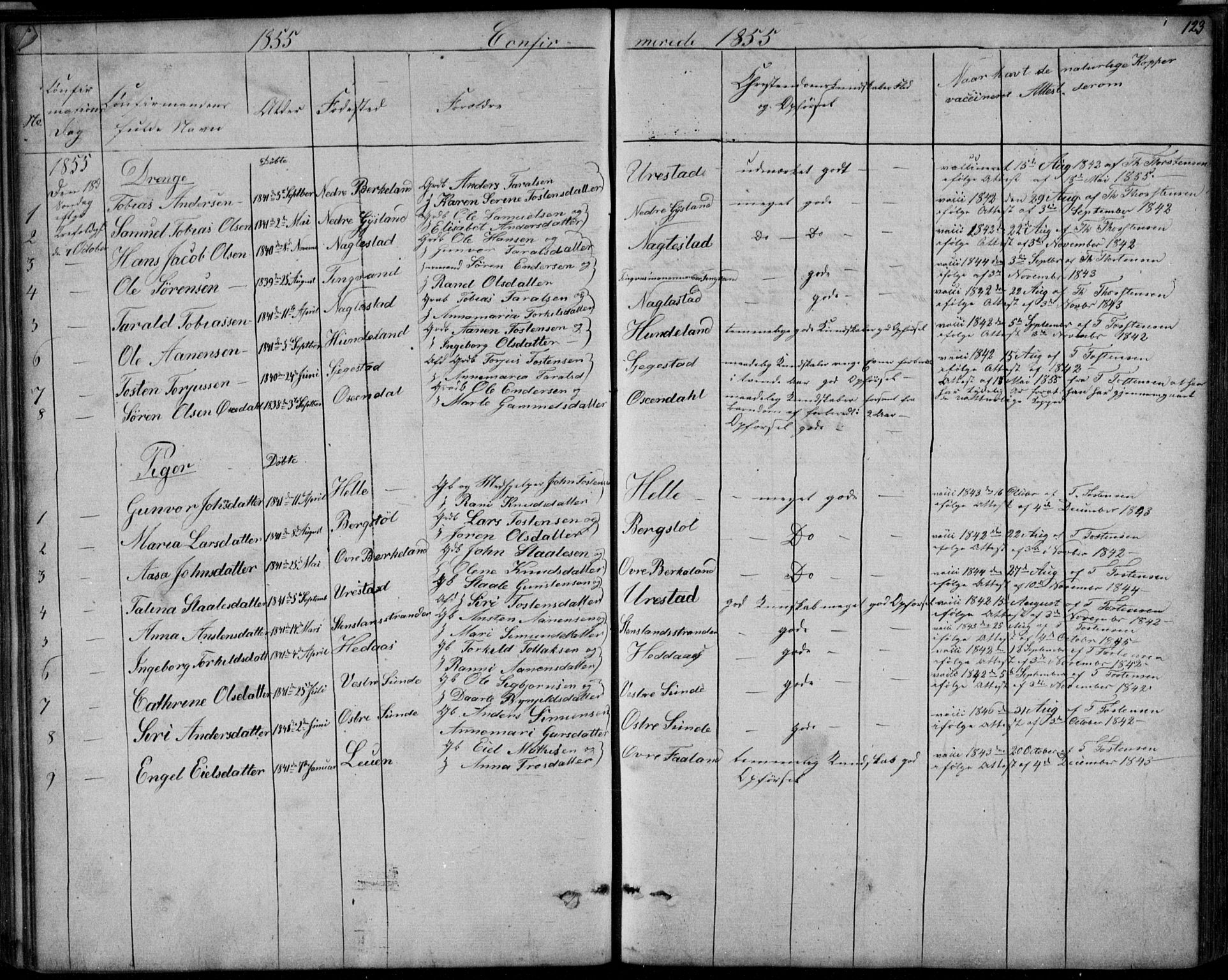 Hægebostad sokneprestkontor, AV/SAK-1111-0024/F/Fb/Fba/L0002: Parish register (copy) no. B 2, 1851-1882, p. 123