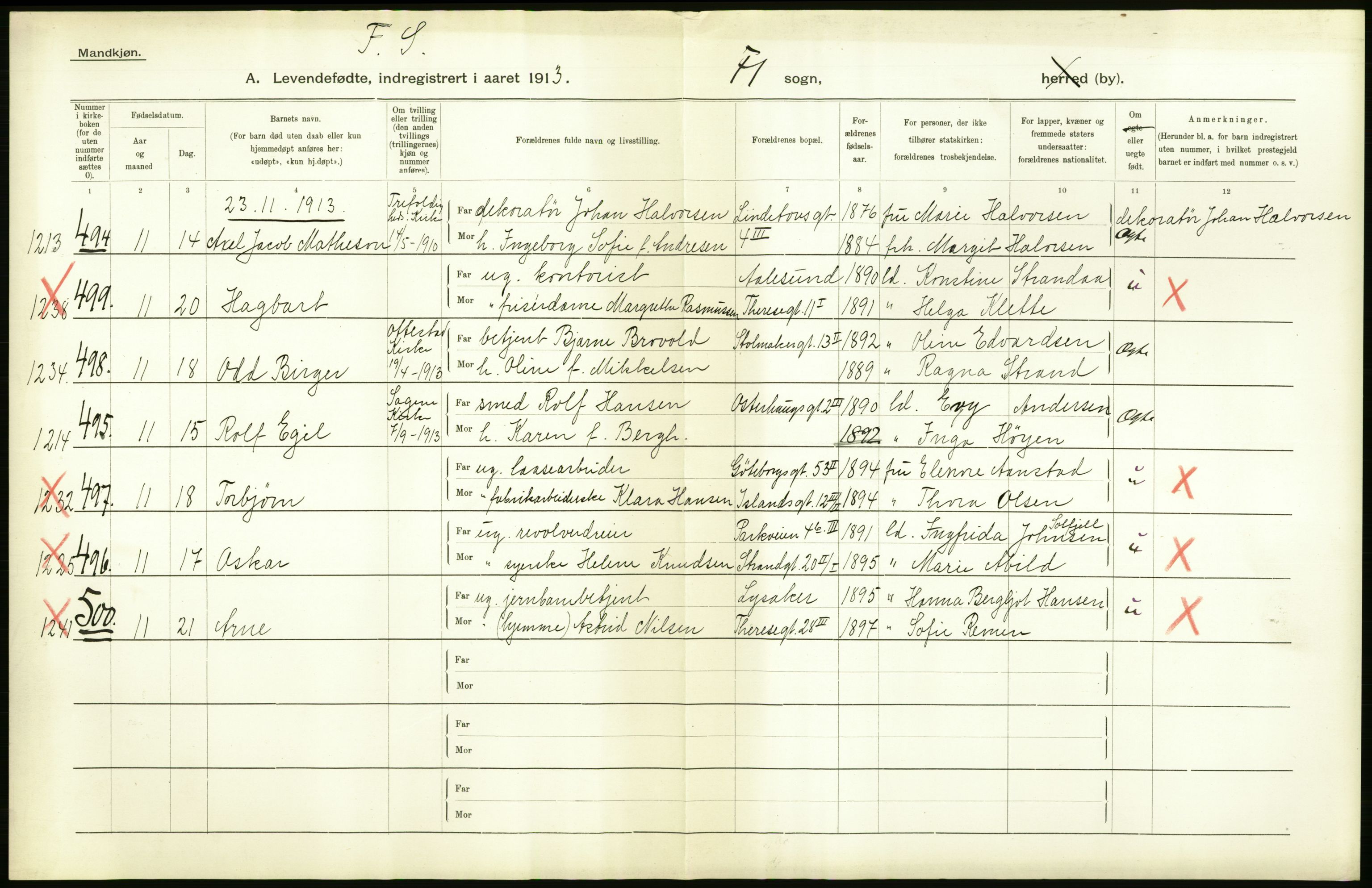 Statistisk sentralbyrå, Sosiodemografiske emner, Befolkning, AV/RA-S-2228/D/Df/Dfb/Dfbc/L0007: Kristiania: Levendefødte menn og kvinner., 1913, p. 18