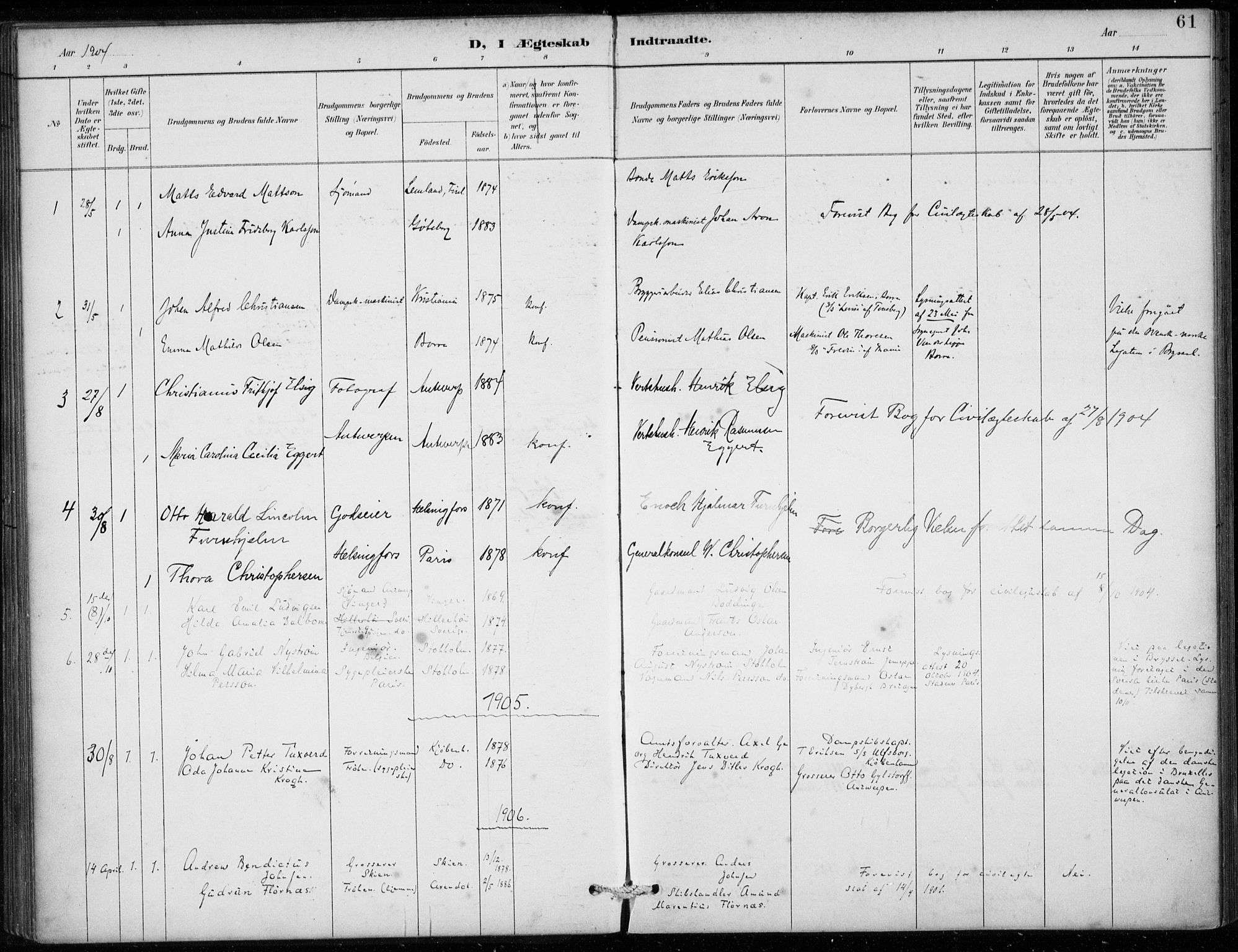 Den norske sjømannsmisjon i utlandet/Antwerpen, AV/SAB-SAB/PA-0105/H/Ha/L0002: Parish register (official) no. A 2, 1887-1913, p. 61