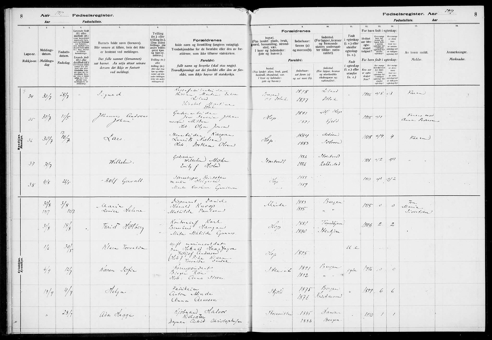 Birkeland Sokneprestembete, AV/SAB-A-74601/I/Id/L00A1: Birth register no. A 1, 1916-1926, p. 8