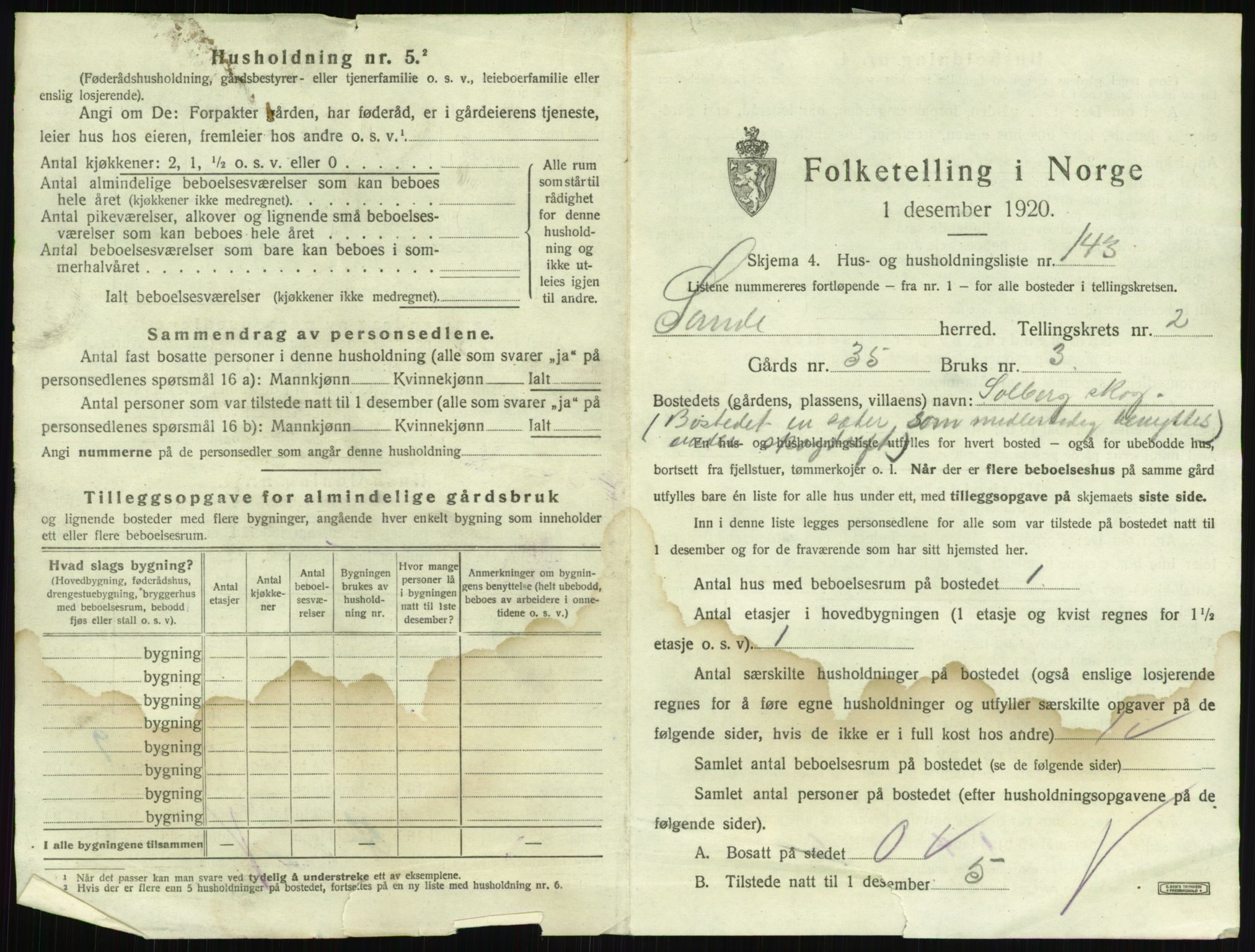 SAKO, 1920 census for Sande, 1920, p. 492