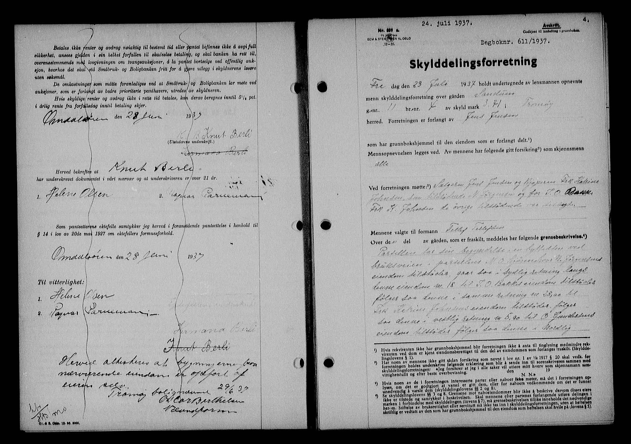 Nedenes sorenskriveri, AV/SAK-1221-0006/G/Gb/Gba/L0044: Mortgage book no. 40, 1937-1938, Diary no: : 611/1937