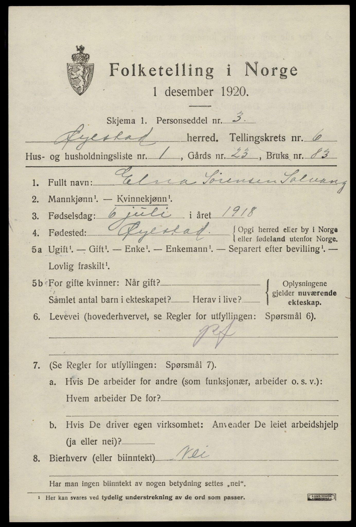 SAK, 1920 census for Øyestad, 1920, p. 4182