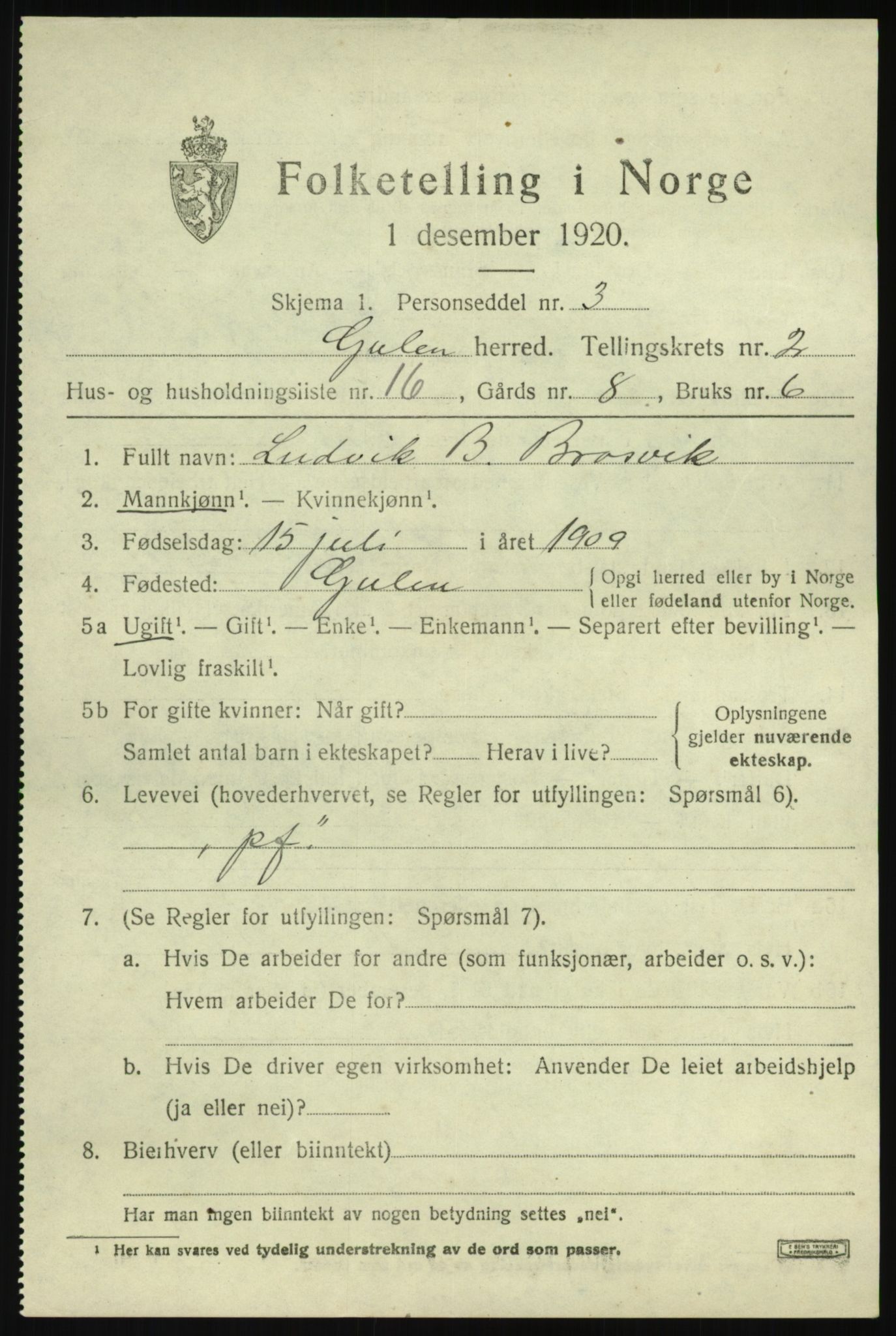 SAB, 1920 census for Gulen, 1920, p. 1523