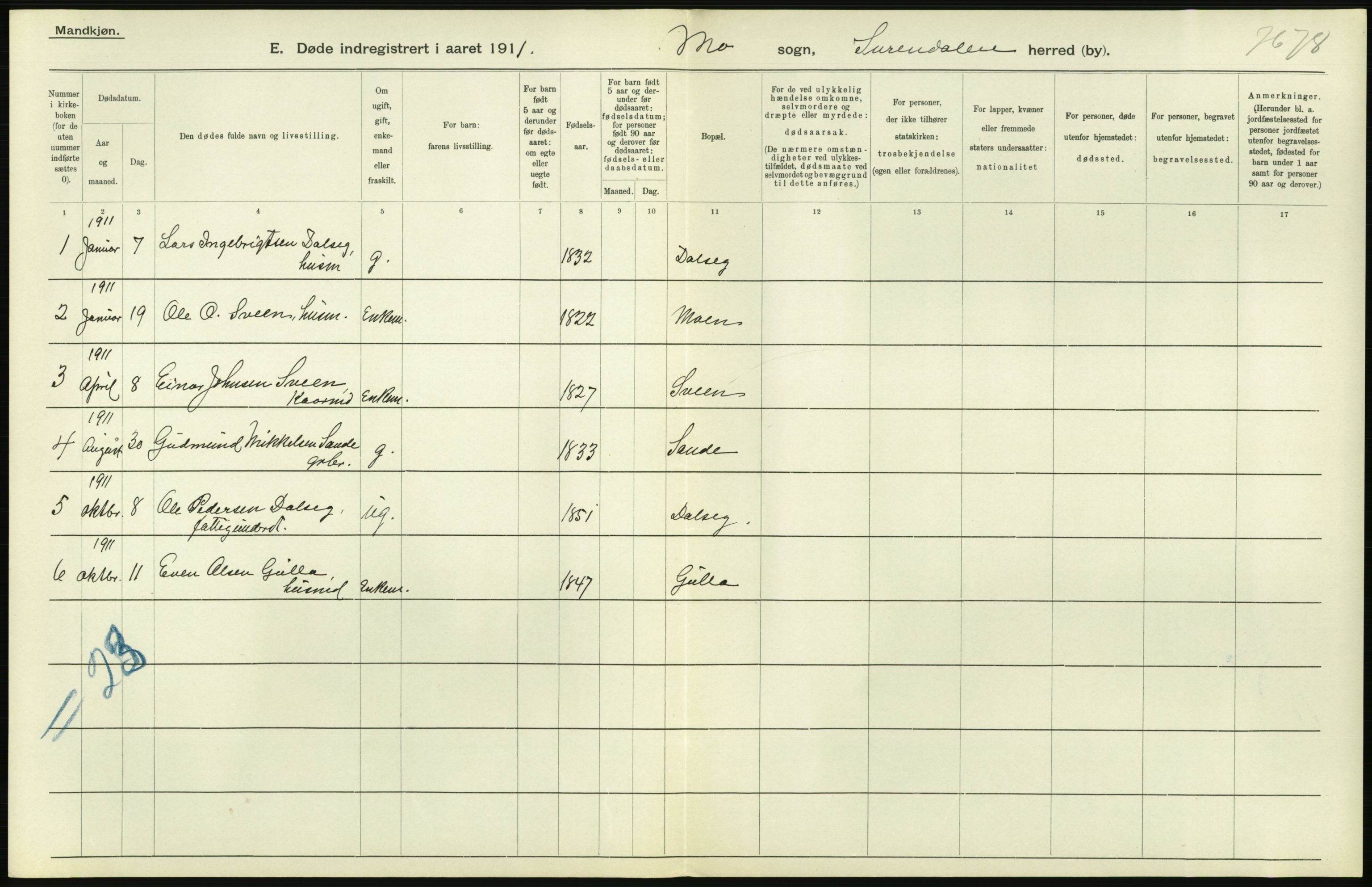 Statistisk sentralbyrå, Sosiodemografiske emner, Befolkning, AV/RA-S-2228/D/Df/Dfb/Dfba/L0038: Romsdals amt:  Døde. Bygder og byer., 1911, p. 56