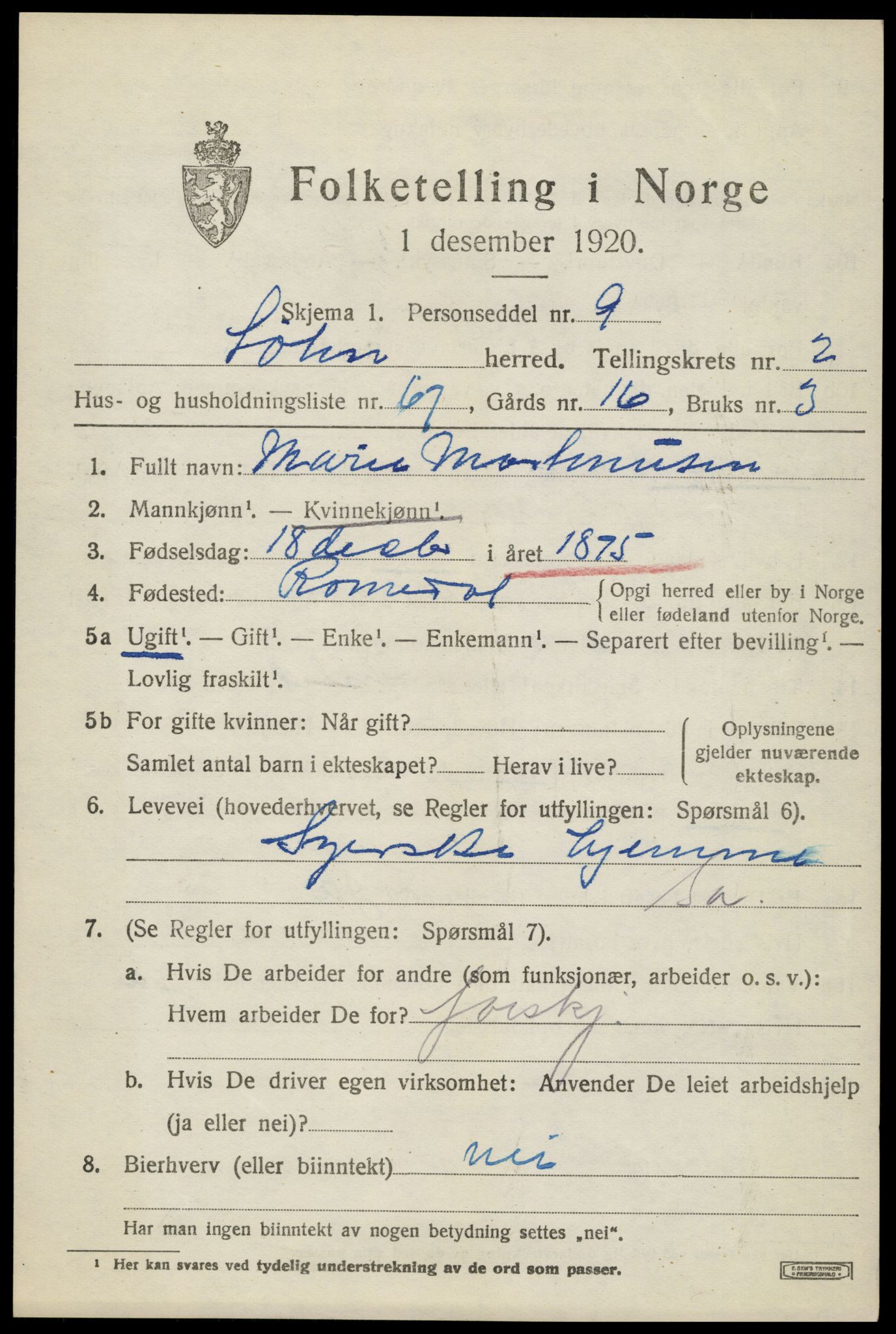 SAH, 1920 census for Løten, 1920, p. 5581