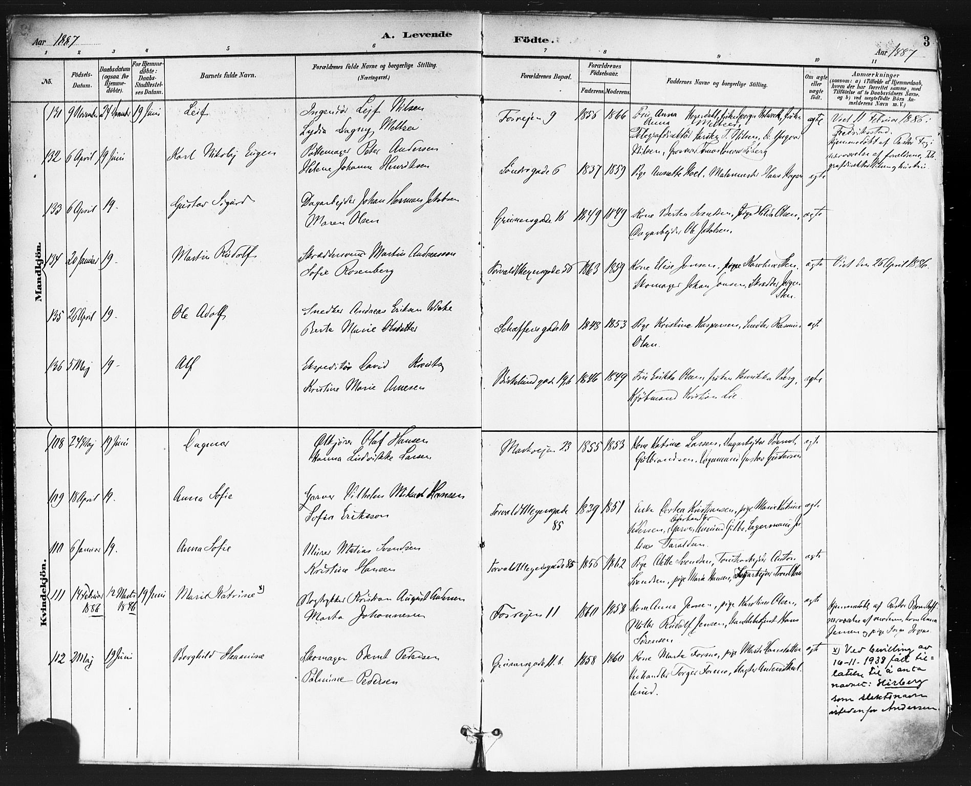 Paulus prestekontor Kirkebøker, AV/SAO-A-10871/F/Fa/L0013: Parish register (official) no. 13, 1887-1894, p. 3