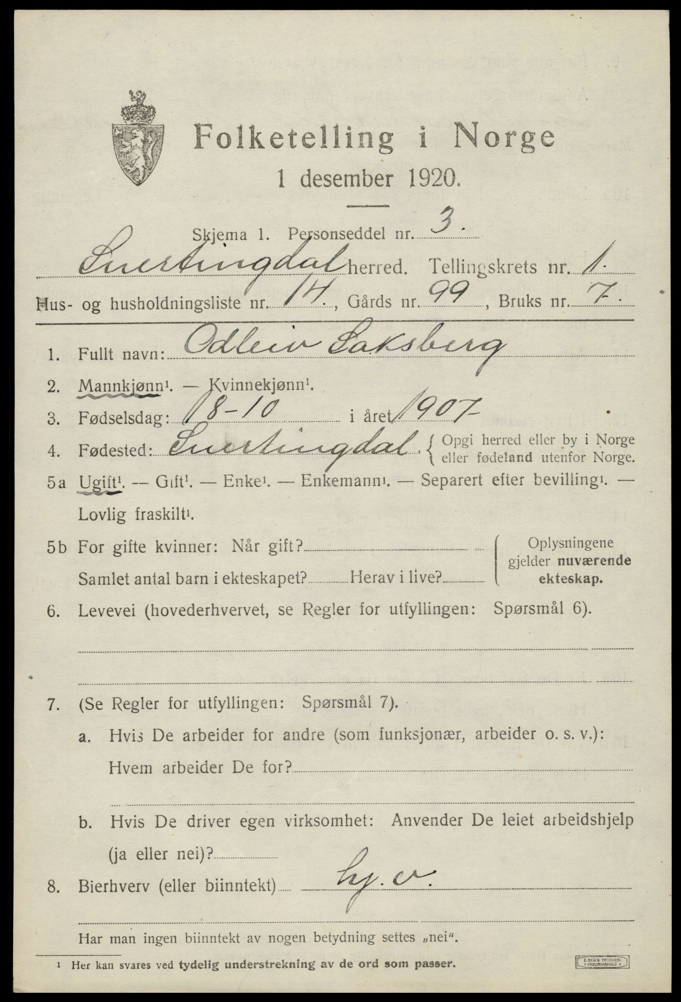 SAH, 1920 census for Snertingdal, 1920, p. 957