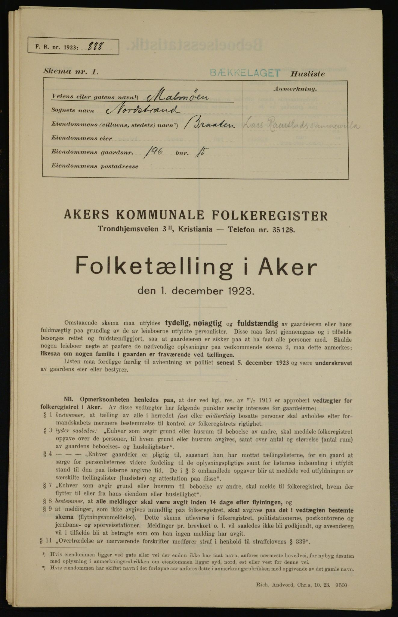 , Municipal Census 1923 for Aker, 1923, p. 42102