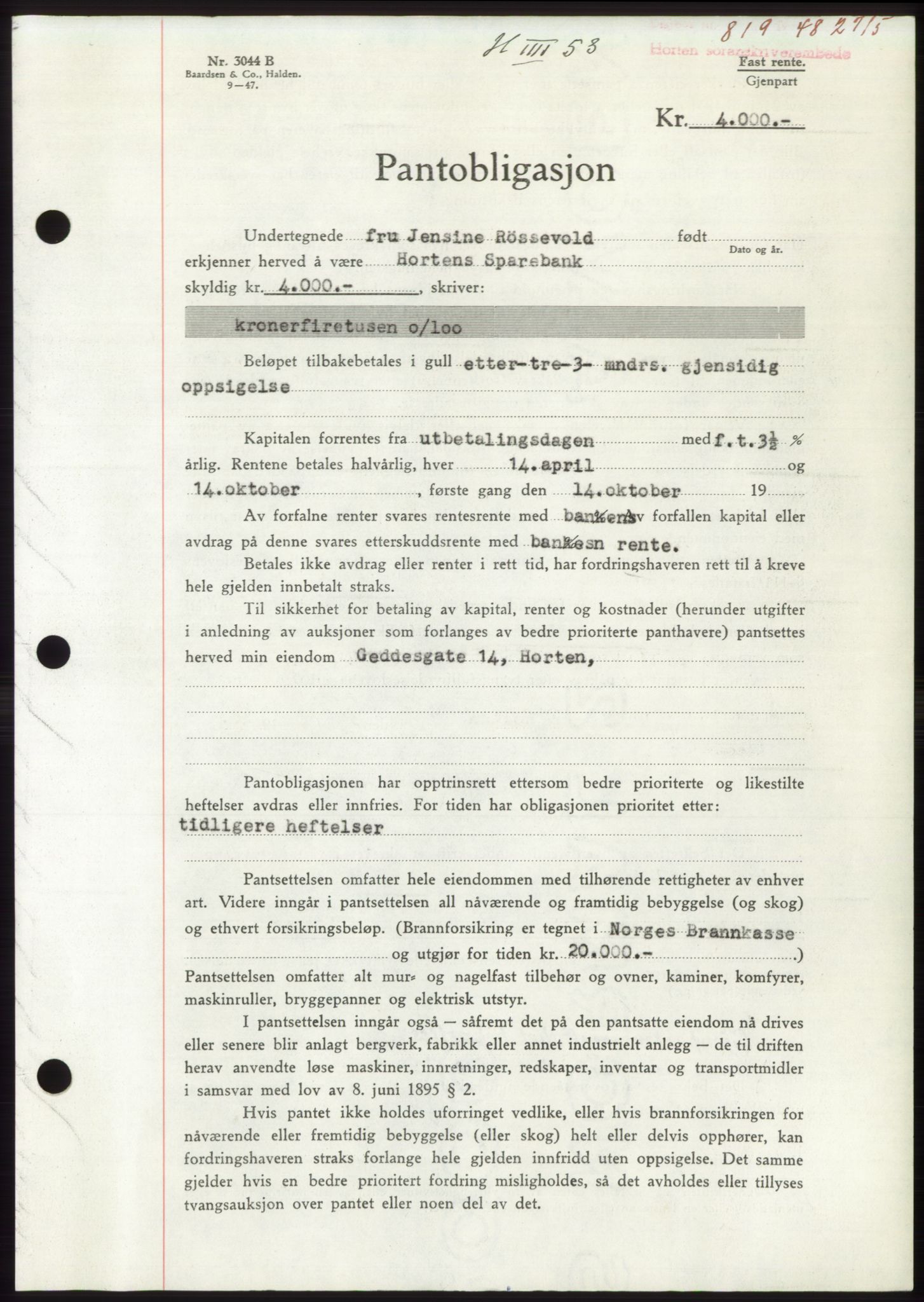 Horten sorenskriveri, AV/SAKO-A-133/G/Ga/Gab/L0007: Mortgage book no. B-11 - B-12, 1947-1948, Diary no: : 819/1948