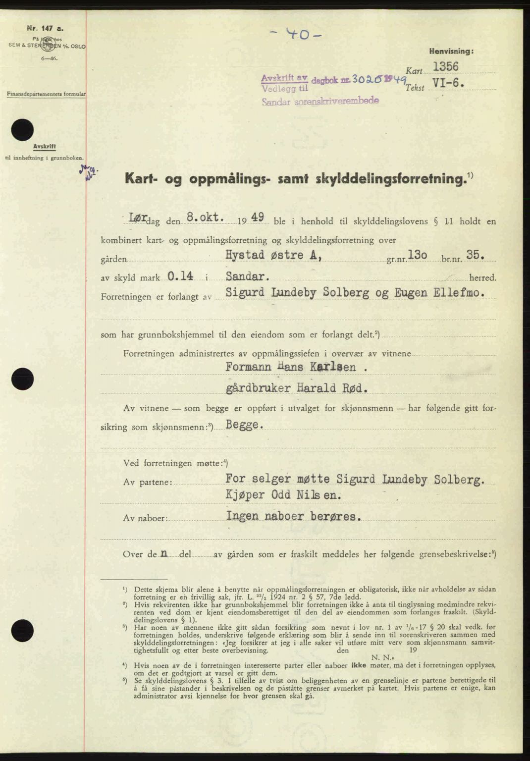Sandar sorenskriveri, SAKO/A-86/G/Ga/Gaa/L0020: Mortgage book no. A-20, 1949-1950, Diary no: : 3020/1949