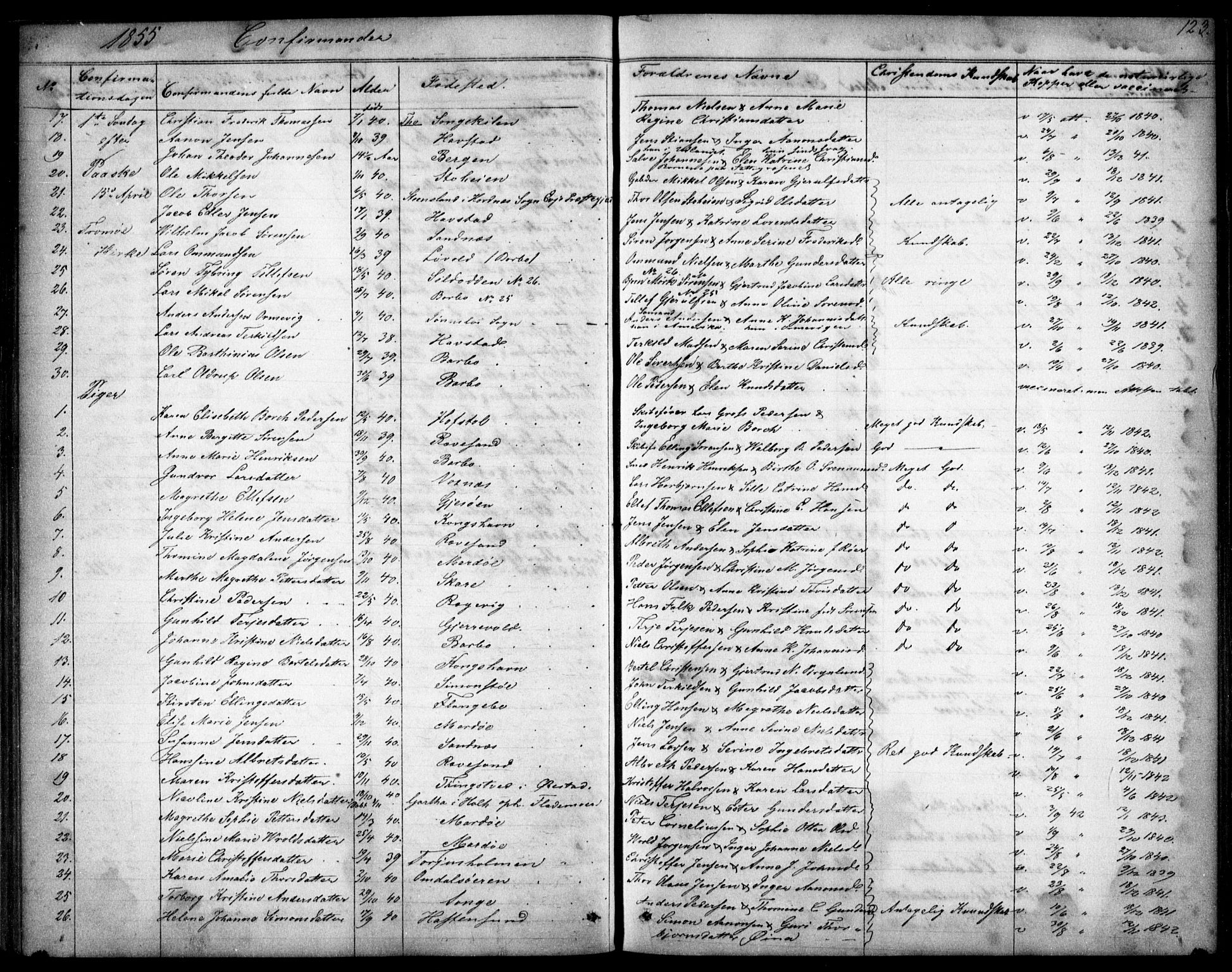 Tromøy sokneprestkontor, AV/SAK-1111-0041/F/Fb/L0002: Parish register (copy) no. B 2, 1851-1858, p. 123