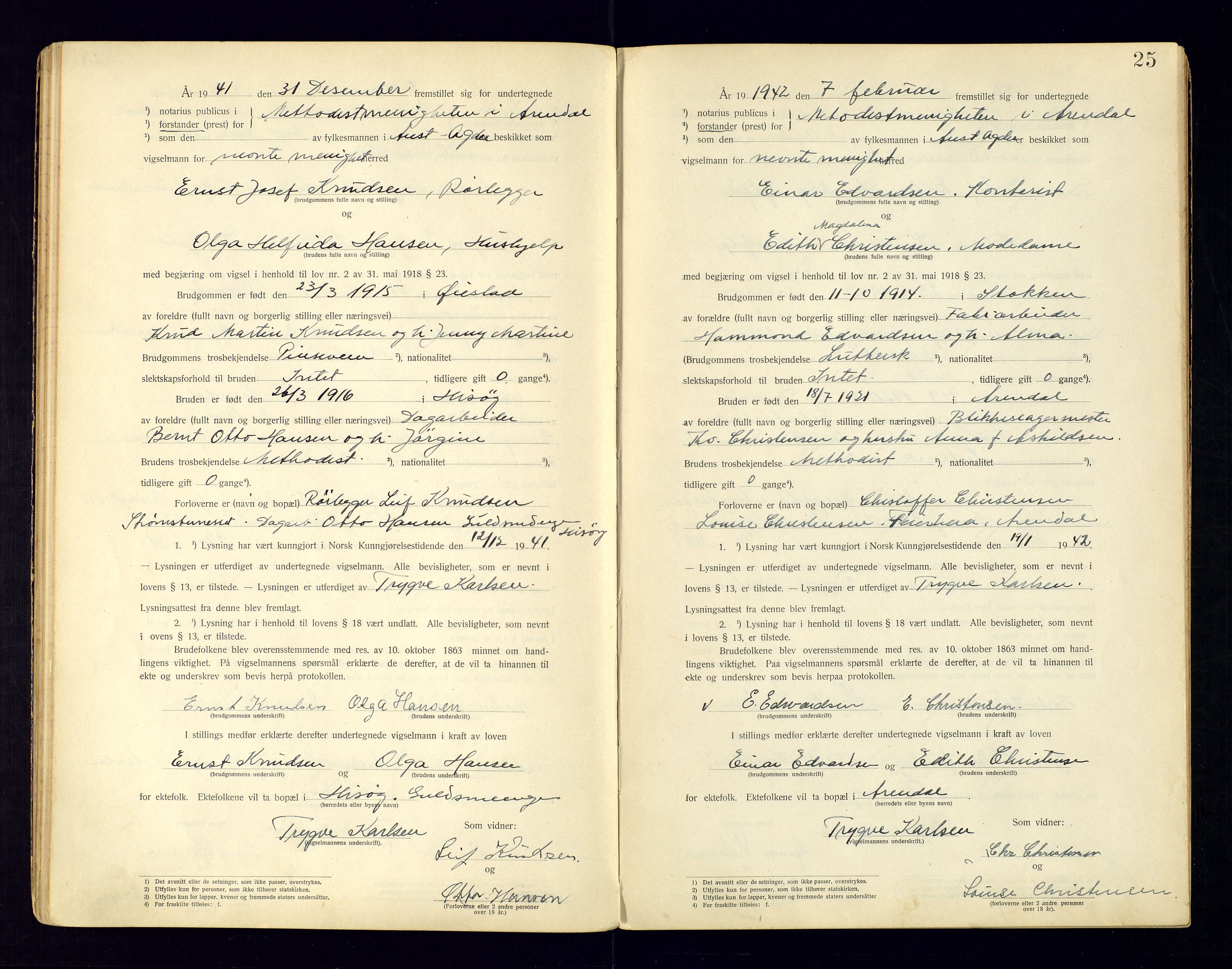 Metodistmenigheten, Arendal, AV/SAK-1292-0011/F/Fc/L0001/0002: Marriage register (dissenter) no. 1.2, 1920-1970, p. 25