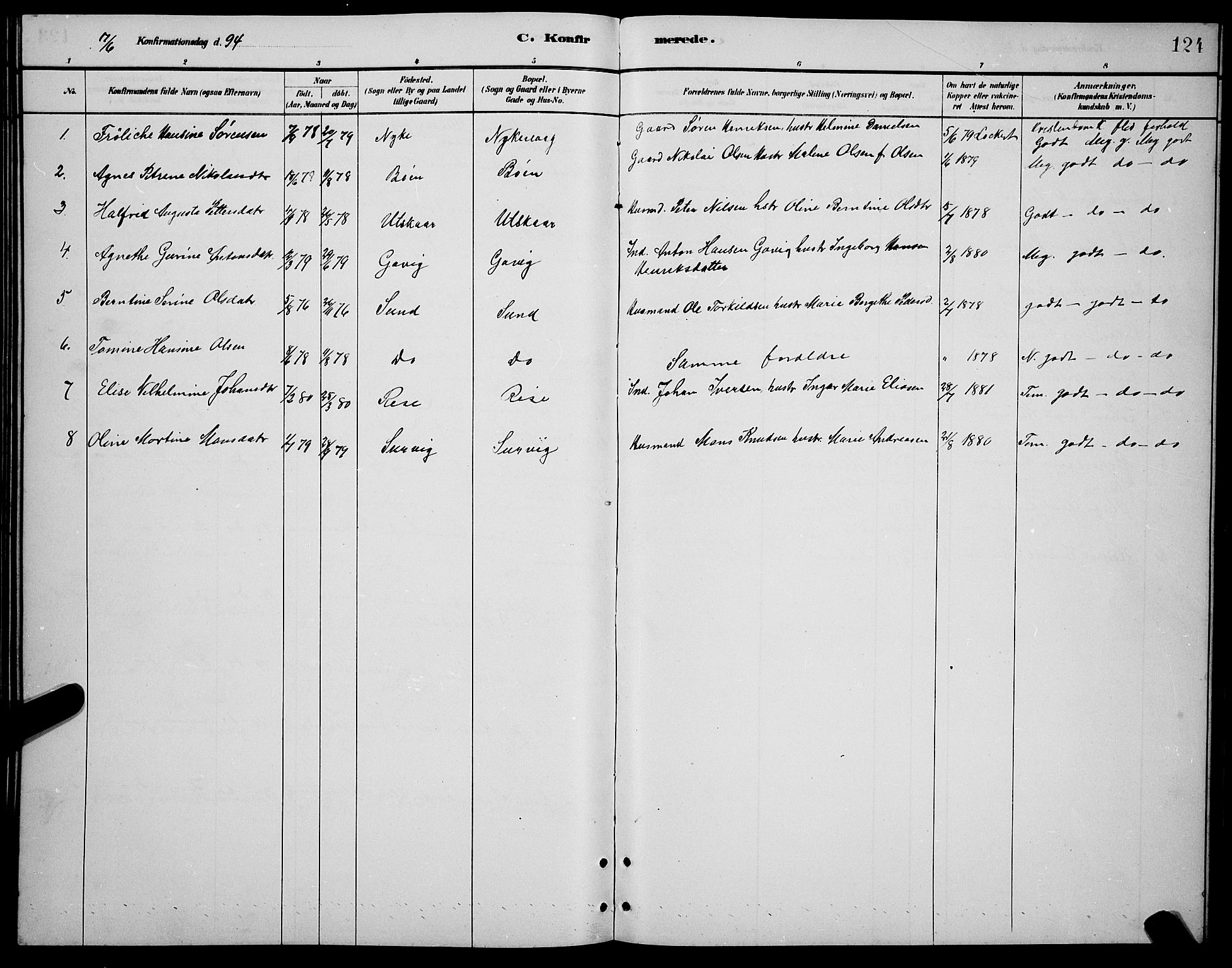 Ministerialprotokoller, klokkerbøker og fødselsregistre - Nordland, AV/SAT-A-1459/892/L1325: Parish register (copy) no. 892C02, 1878-1896, p. 124