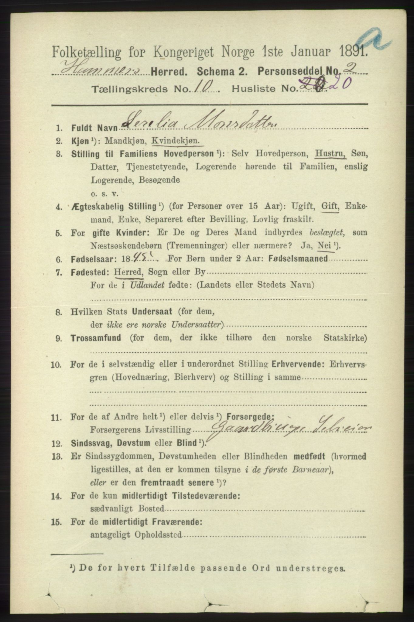 RA, 1891 census for 1254 Hamre, 1891, p. 2889