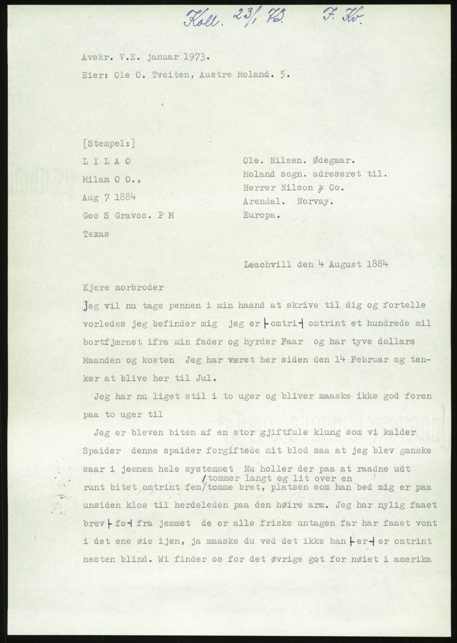 Samlinger til kildeutgivelse, Amerikabrevene, AV/RA-EA-4057/F/L0027: Innlån fra Aust-Agder: Dannevig - Valsgård, 1838-1914, p. 709