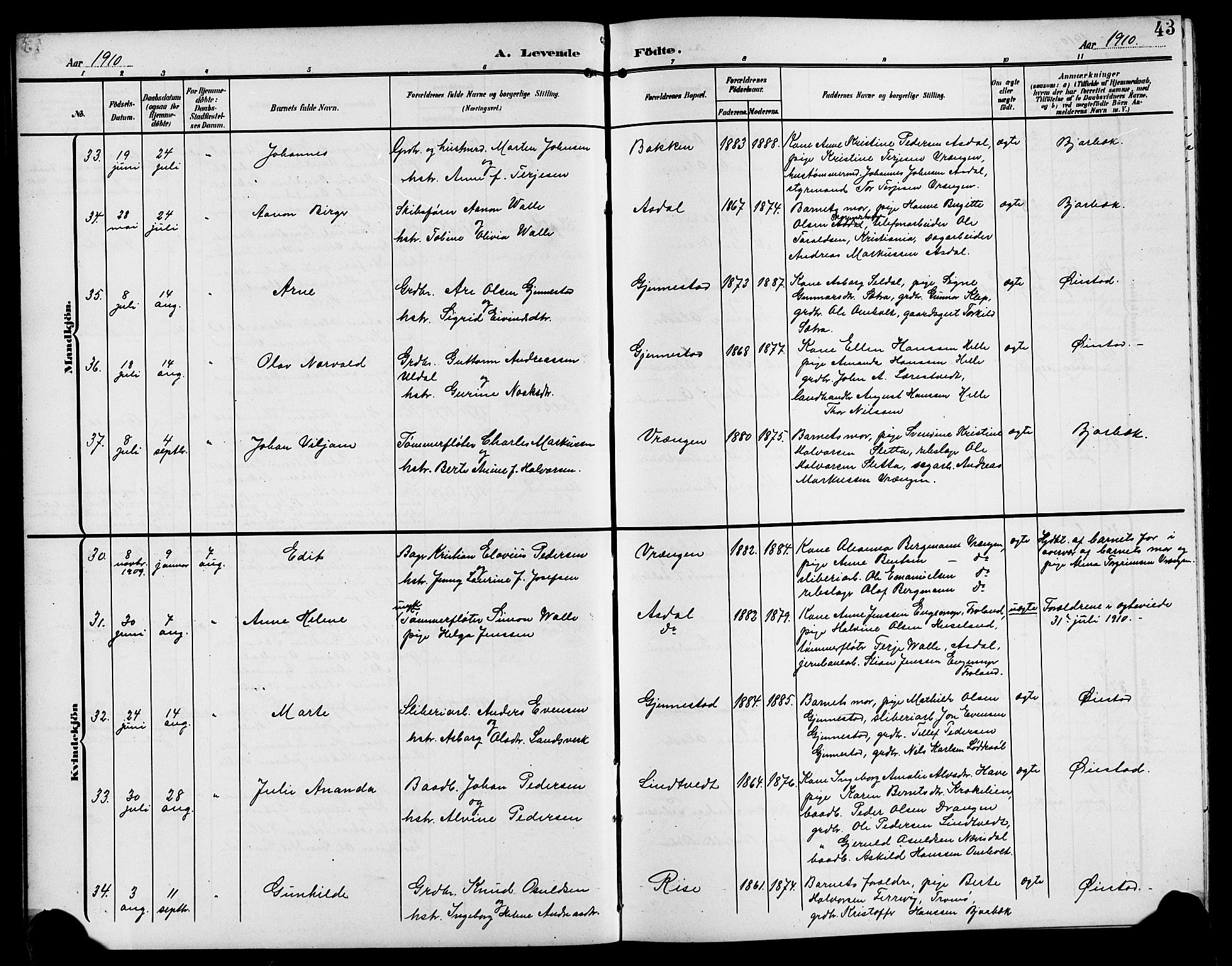 Øyestad sokneprestkontor, AV/SAK-1111-0049/F/Fb/L0011: Parish register (copy) no. B 11, 1906-1918, p. 43