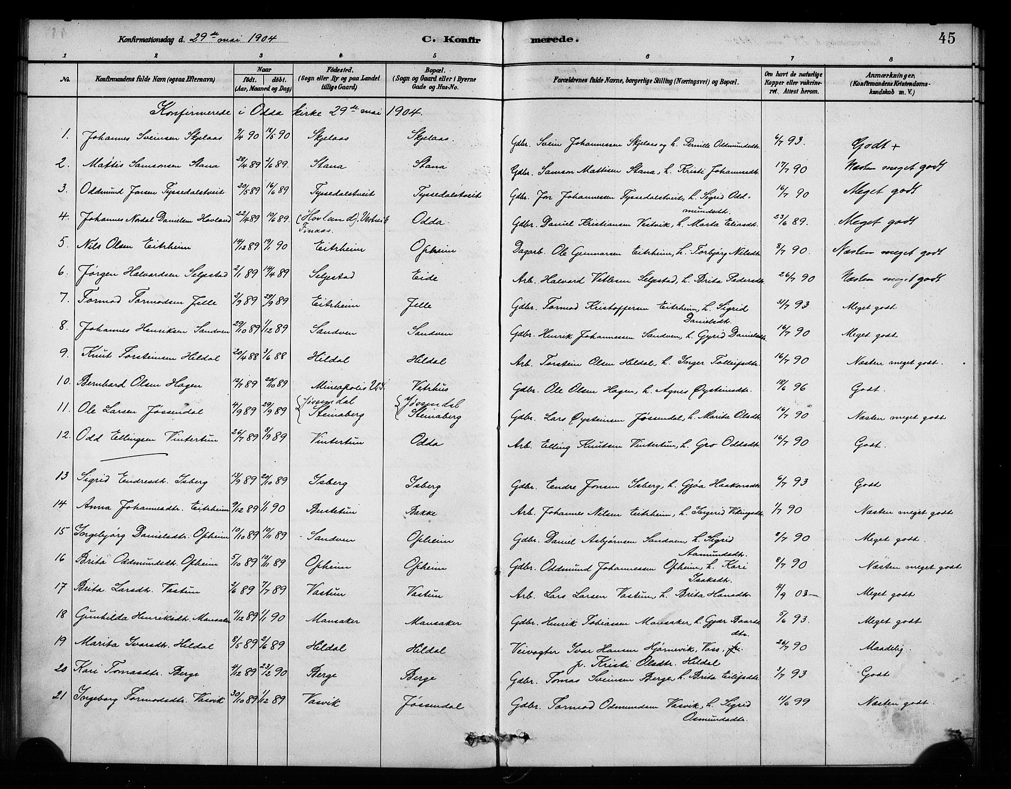 Odda Sokneprestembete, SAB/A-77201/H/Haa: Parish register (official) no. A 2, 1880-1915, p. 45