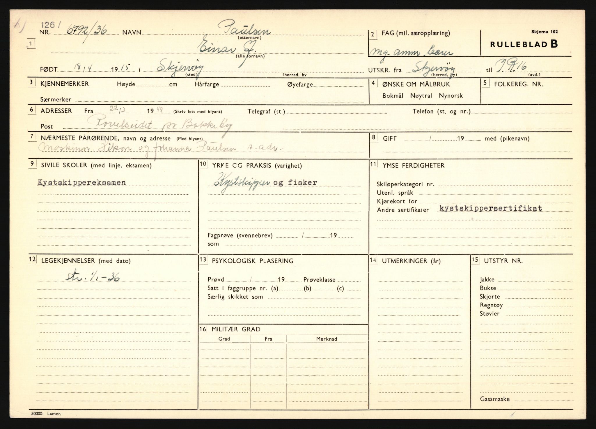 Forsvaret, Troms infanteriregiment nr. 16, AV/RA-RAFA-3146/P/Pa/L0020: Rulleblad for regimentets menige mannskaper, årsklasse 1936, 1936, p. 1081