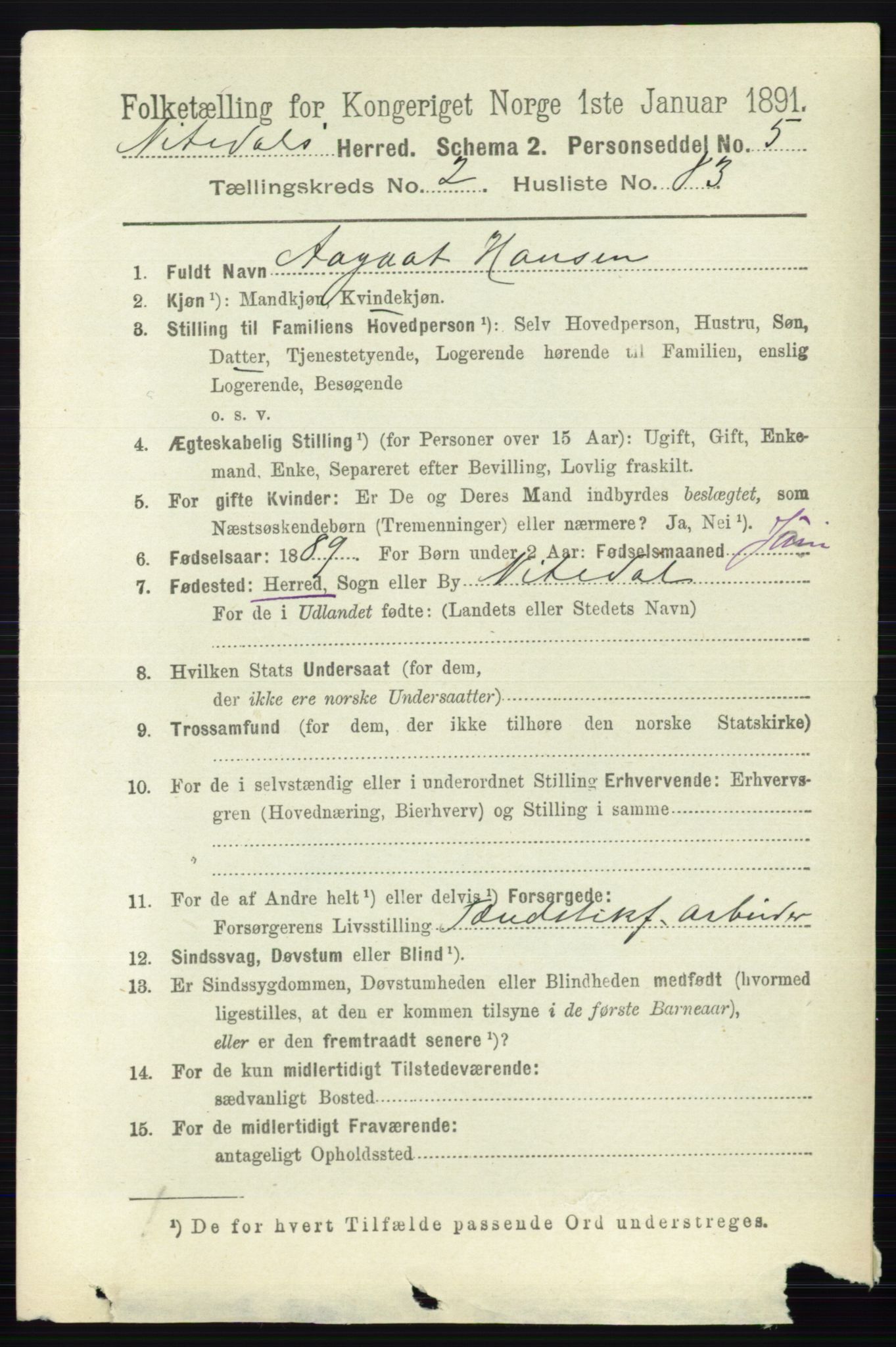 RA, 1891 census for 0233 Nittedal, 1891, p. 1123