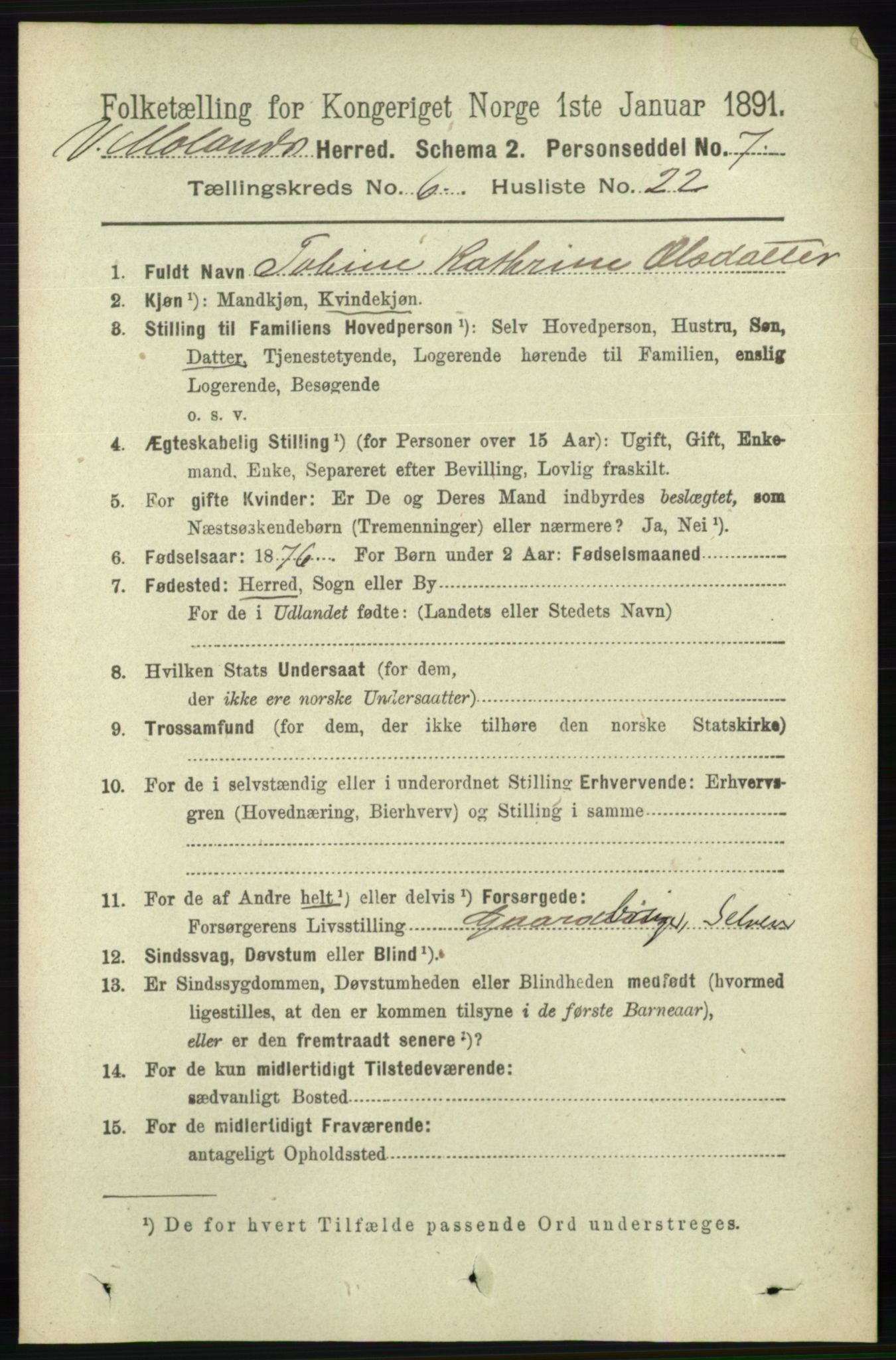 RA, 1891 census for 0926 Vestre Moland, 1891, p. 2452