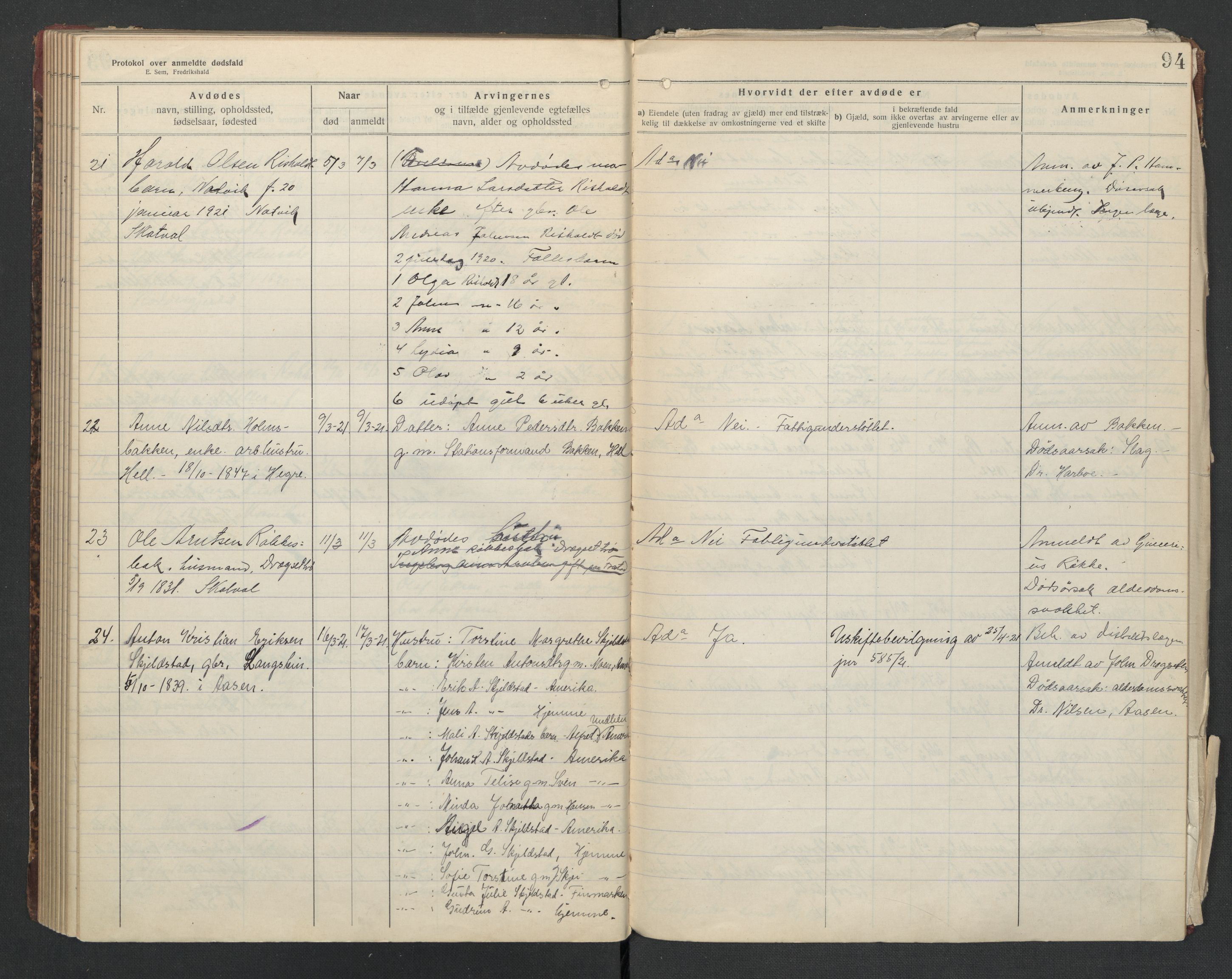 Nedre Stjørdal lensmannskontor, AV/SAT-A-1044/02/L0004: 2.01.04 Dødsfallsprotokoller, 1917-1921, p. 94