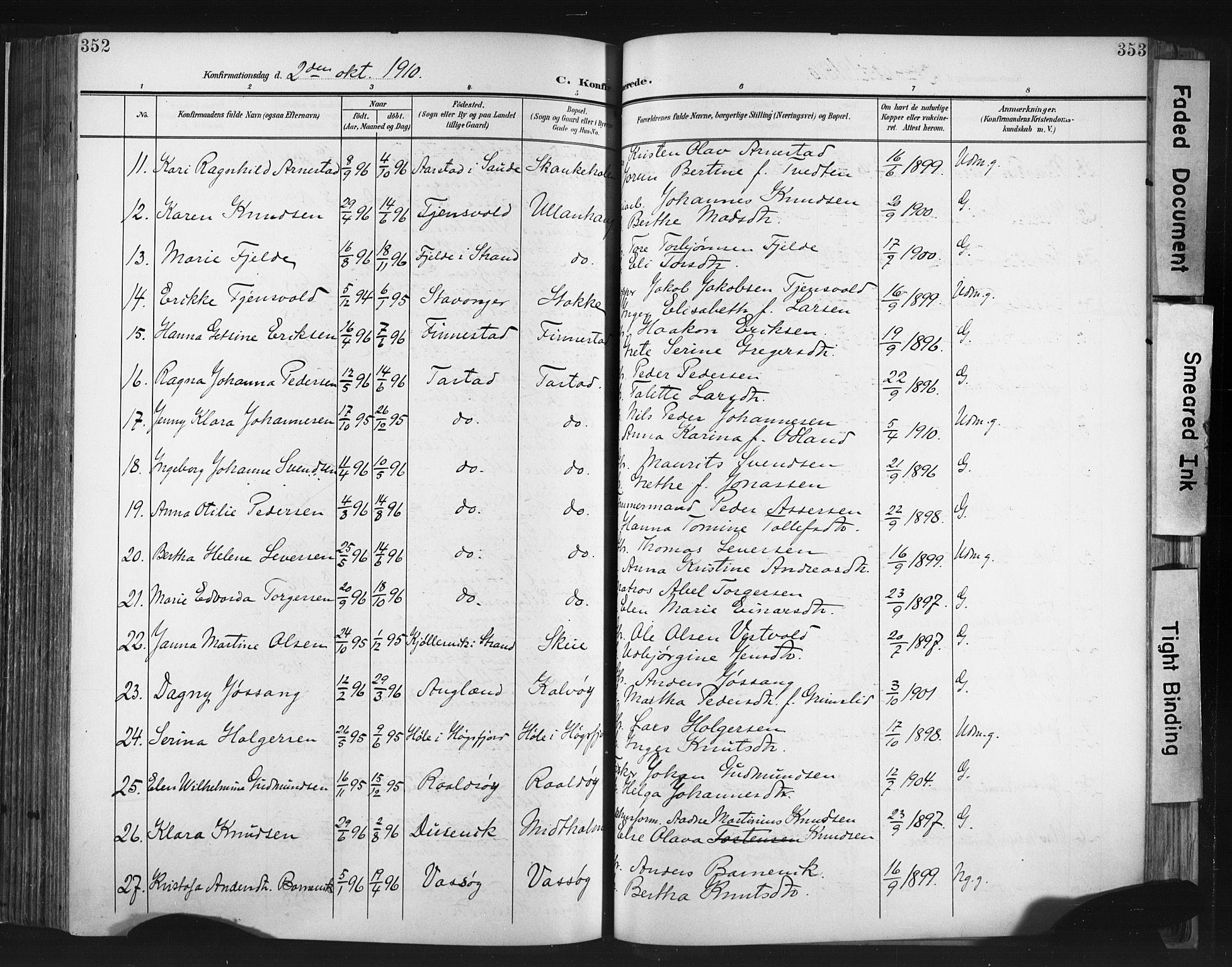 Hetland sokneprestkontor, SAST/A-101826/30/30BA/L0013: Parish register (official) no. A 13, 1904-1918, p. 352-353