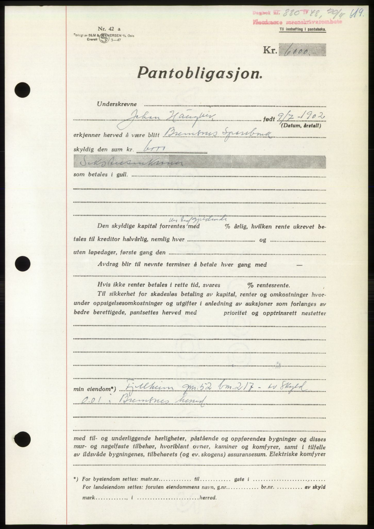 Nordmøre sorenskriveri, AV/SAT-A-4132/1/2/2Ca: Mortgage book no. B98, 1948-1948, Diary no: : 880/1948