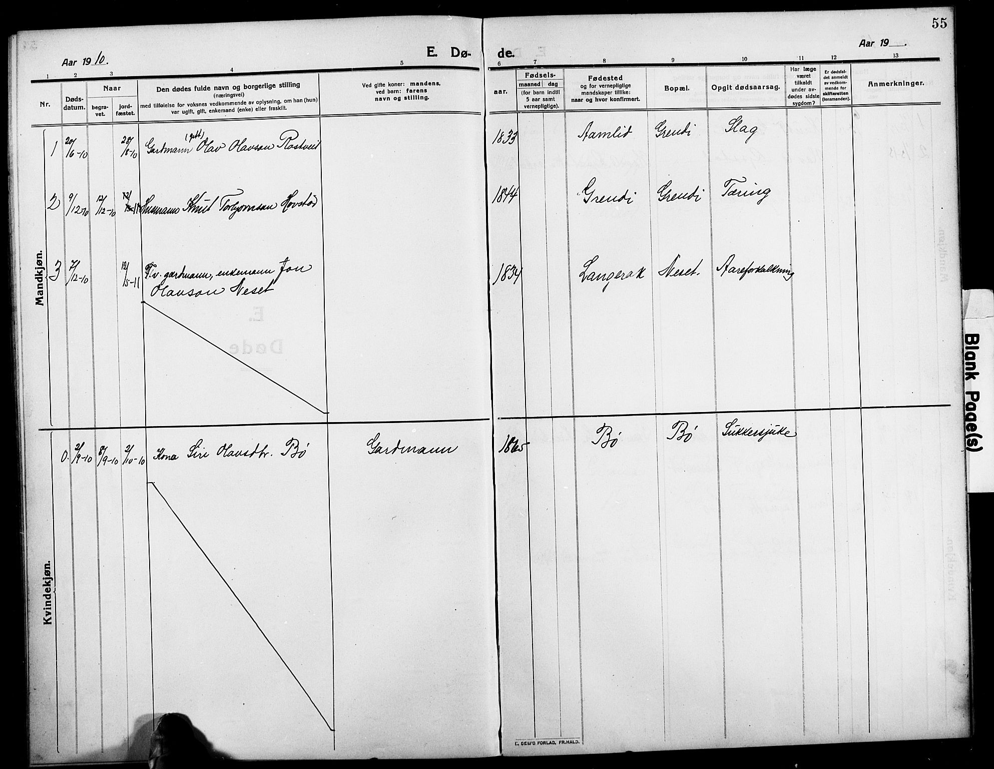 Bygland sokneprestkontor, SAK/1111-0006/F/Fb/Fbd/L0003: Parish register (copy) no. B 3, 1910-1926, p. 55