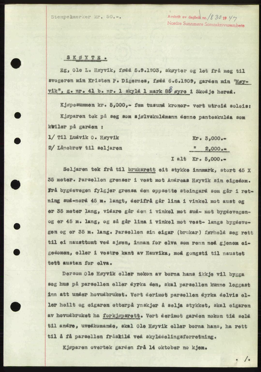 Nordre Sunnmøre sorenskriveri, AV/SAT-A-0006/1/2/2C/2Ca: Mortgage book no. A25, 1947-1947, Diary no: : 1830/1947