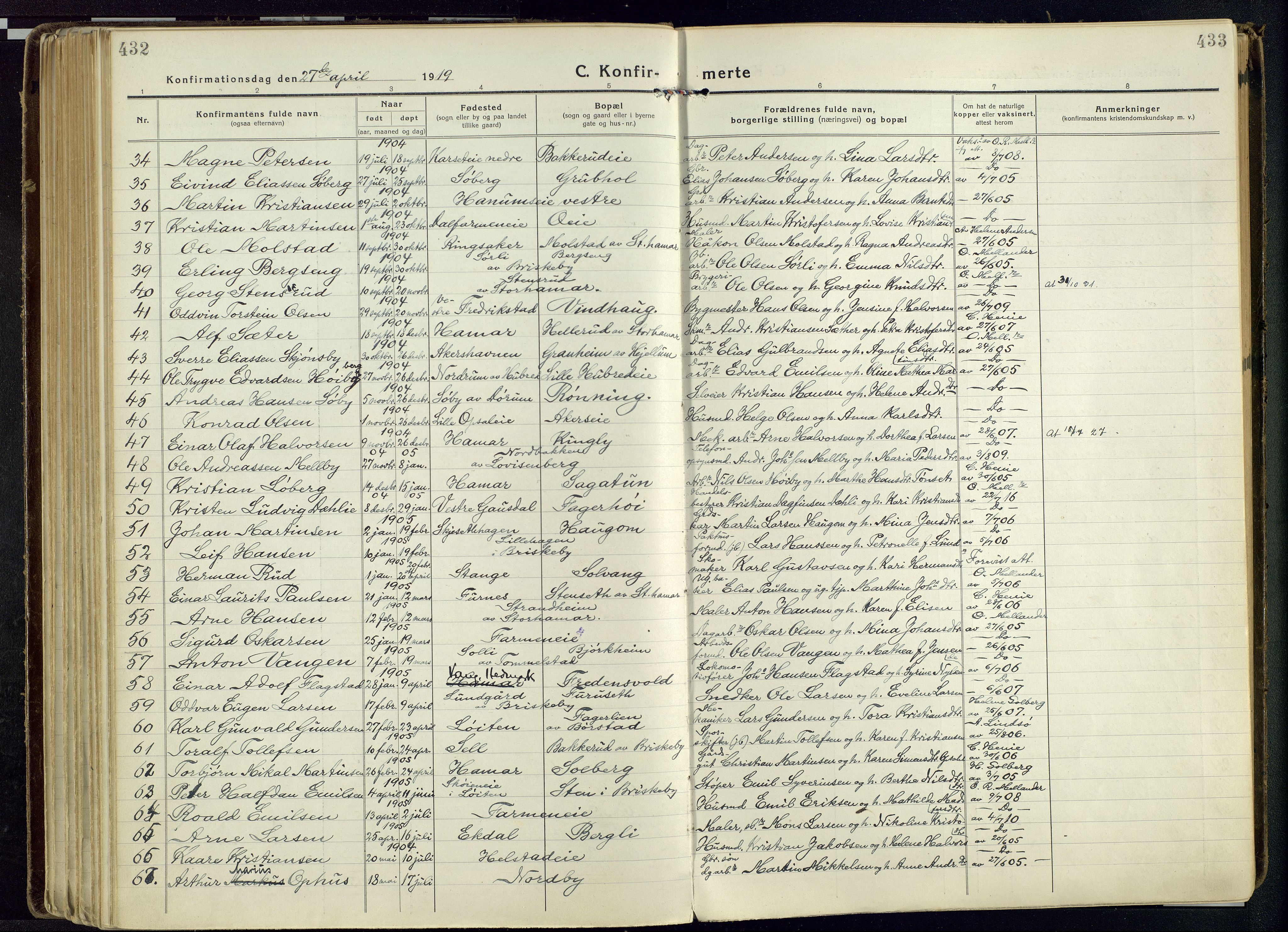 Vang prestekontor, Hedmark, SAH/PREST-008/H/Ha/Haa/L0022: Parish register (official) no. 22, 1918-1944, p. 432-433