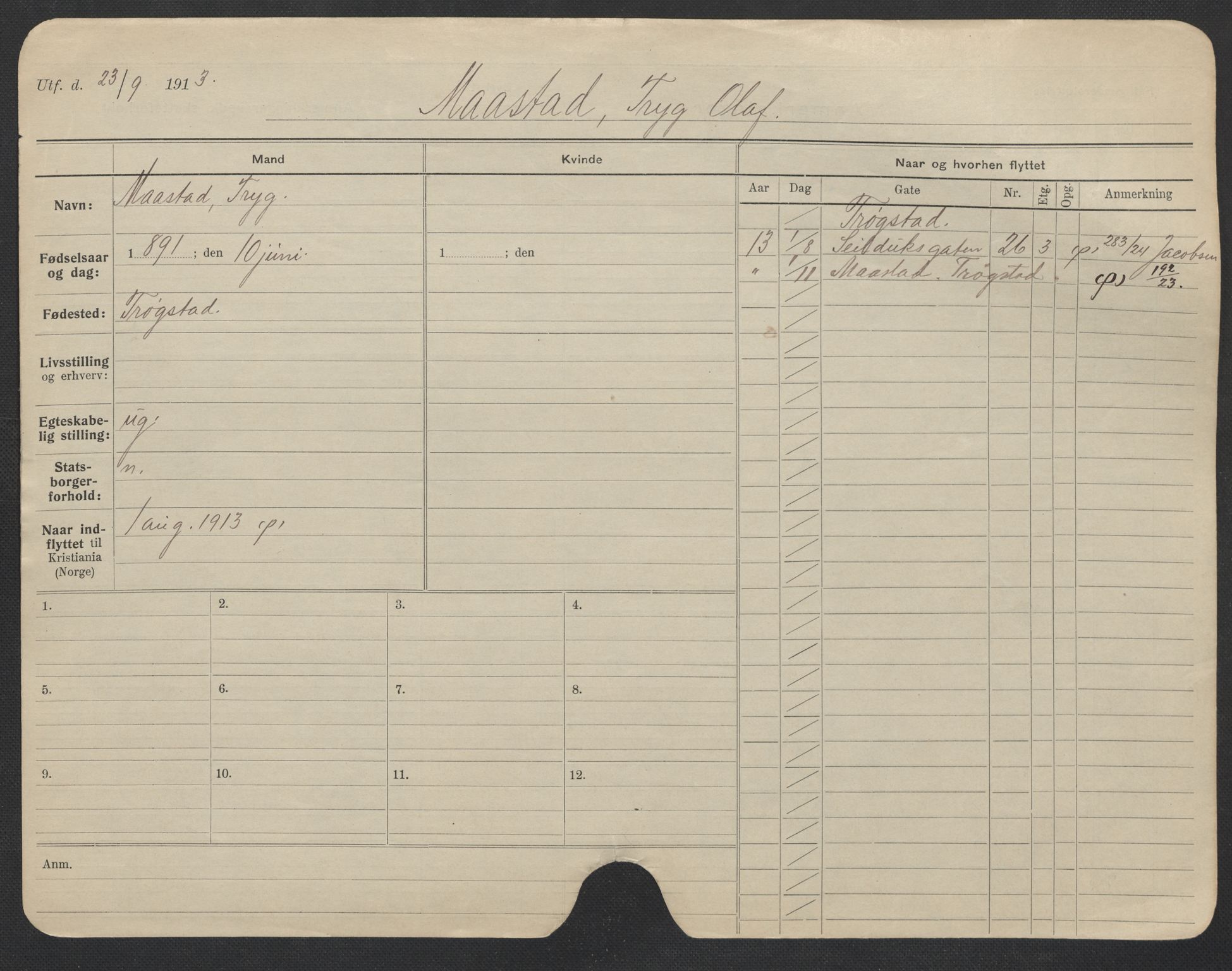 Oslo folkeregister, Registerkort, AV/SAO-A-11715/F/Fa/Fac/L0007: Menn, 1906-1914, p. 449a