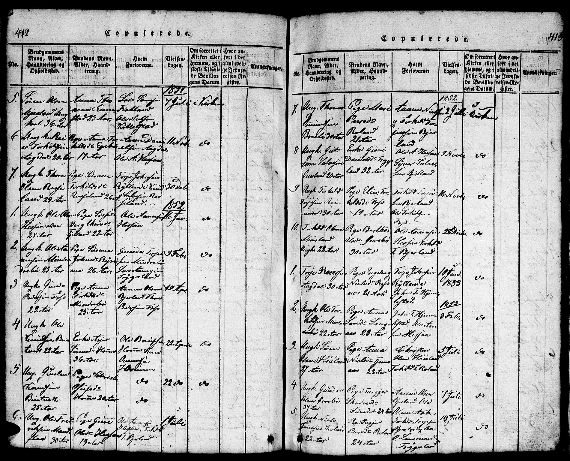 Bjelland sokneprestkontor, SAK/1111-0005/F/Fb/Fba/L0003: Parish register (copy) no. B 3, 1816-1870, p. 412-413