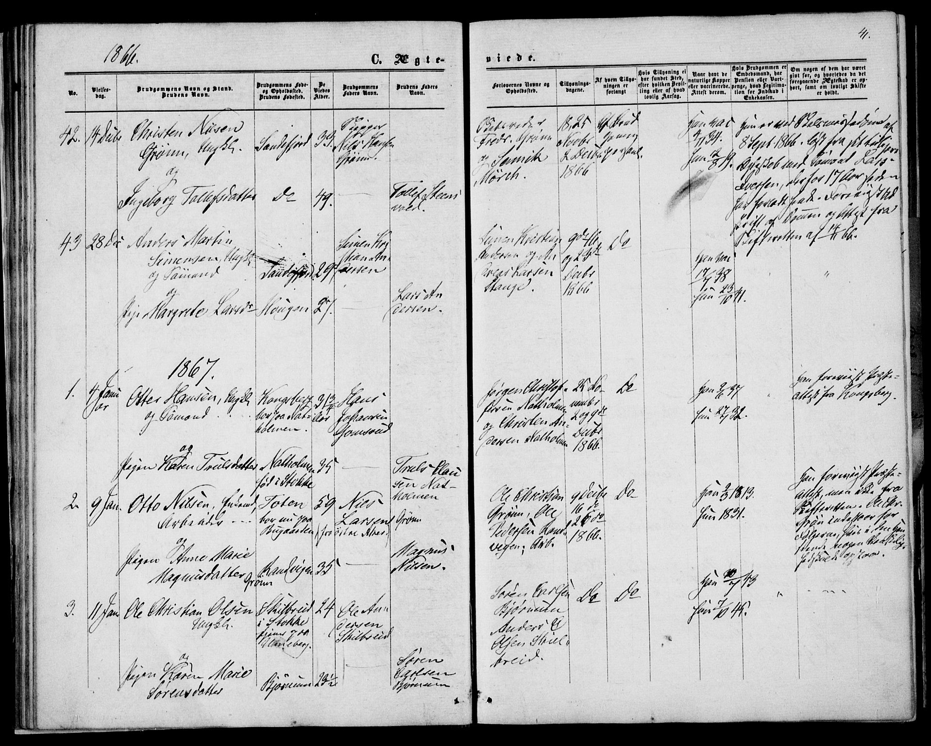 Sandar kirkebøker, SAKO/A-243/F/Fa/L0009: Parish register (official) no. 9, 1862-1871, p. 41