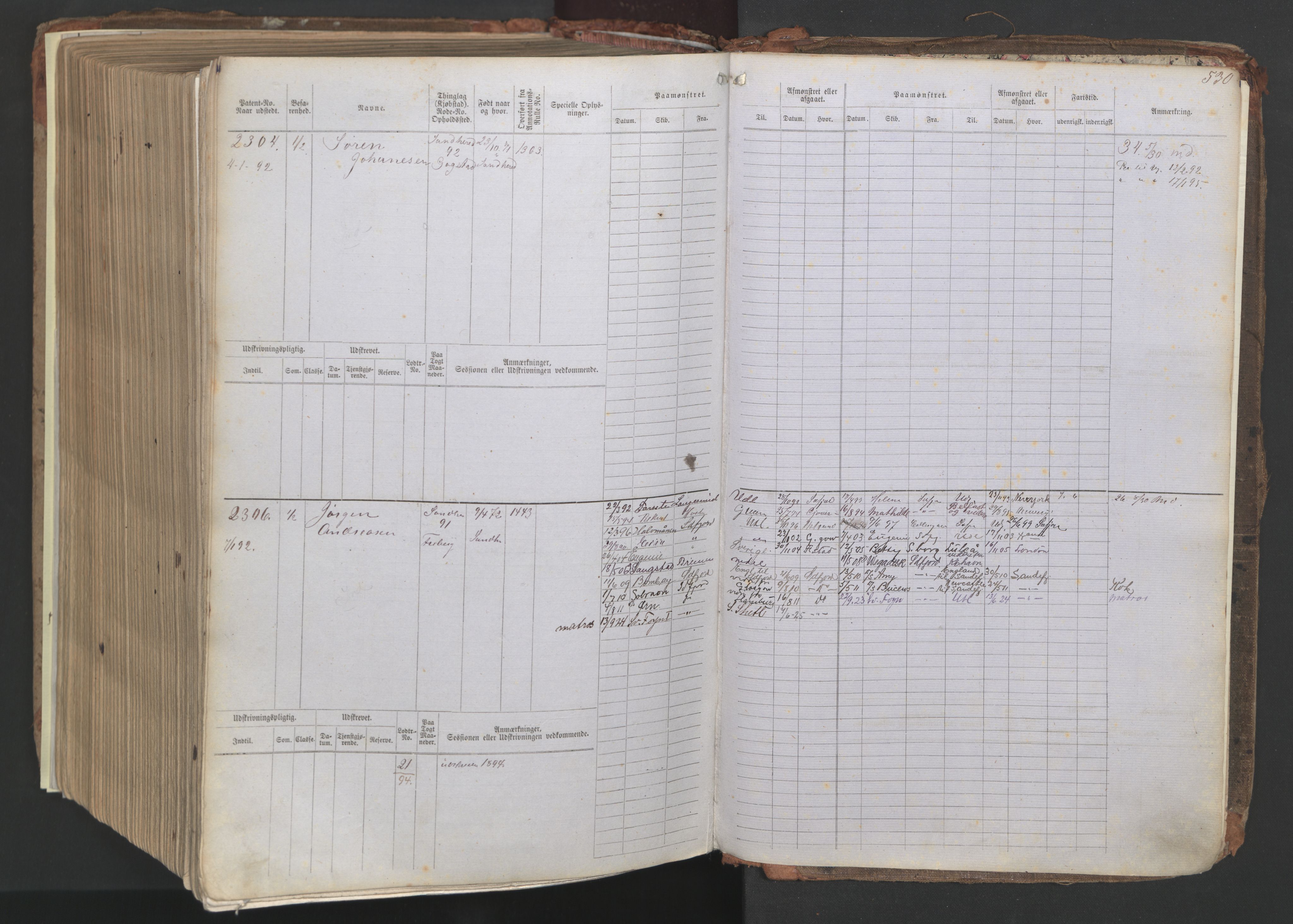 Sandefjord innrulleringskontor, AV/SAKO-A-788/F/Fb/L0006: Hovedrulle, 1871-1892, p. 530
