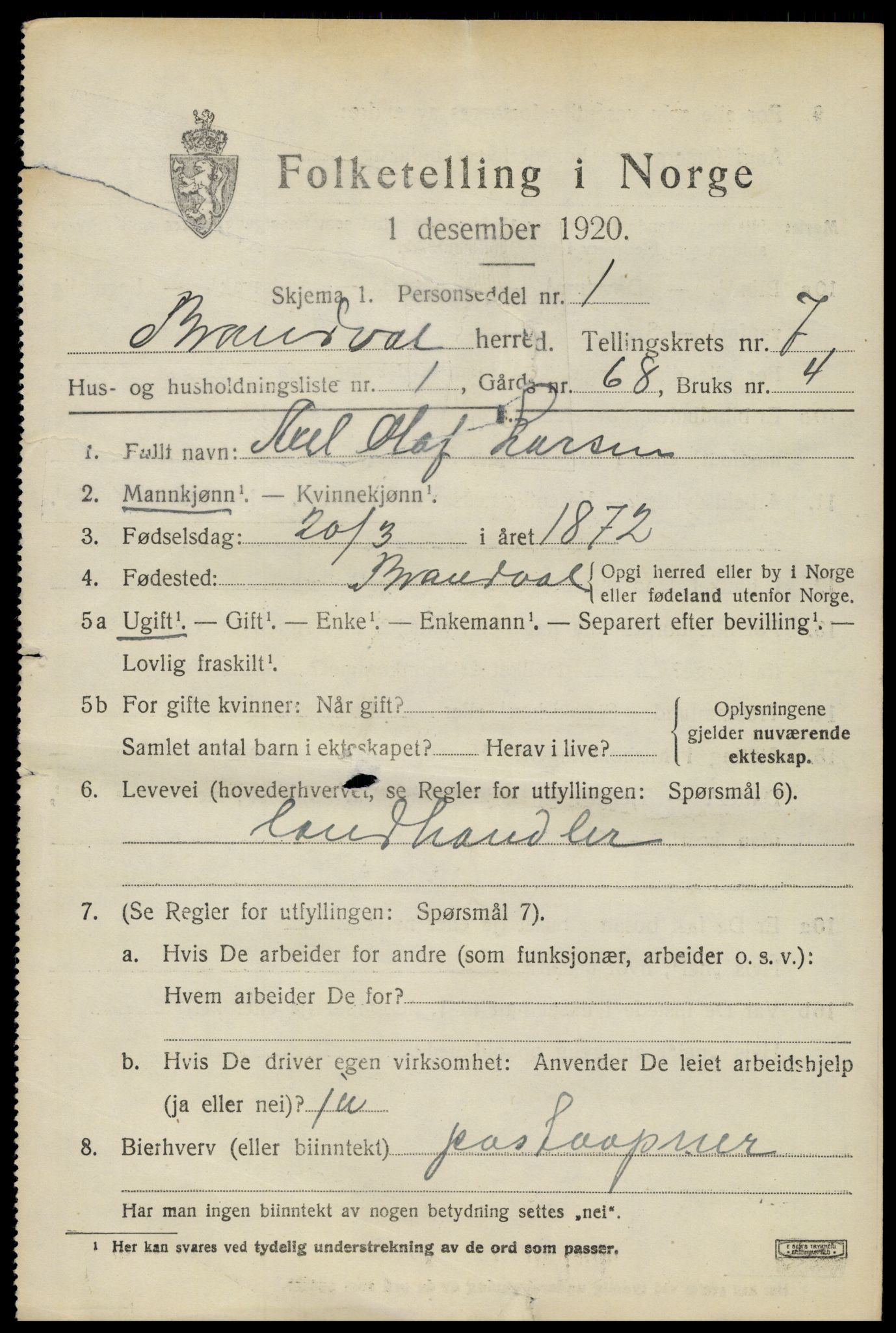 SAH, 1920 census for Brandval, 1920, p. 5772