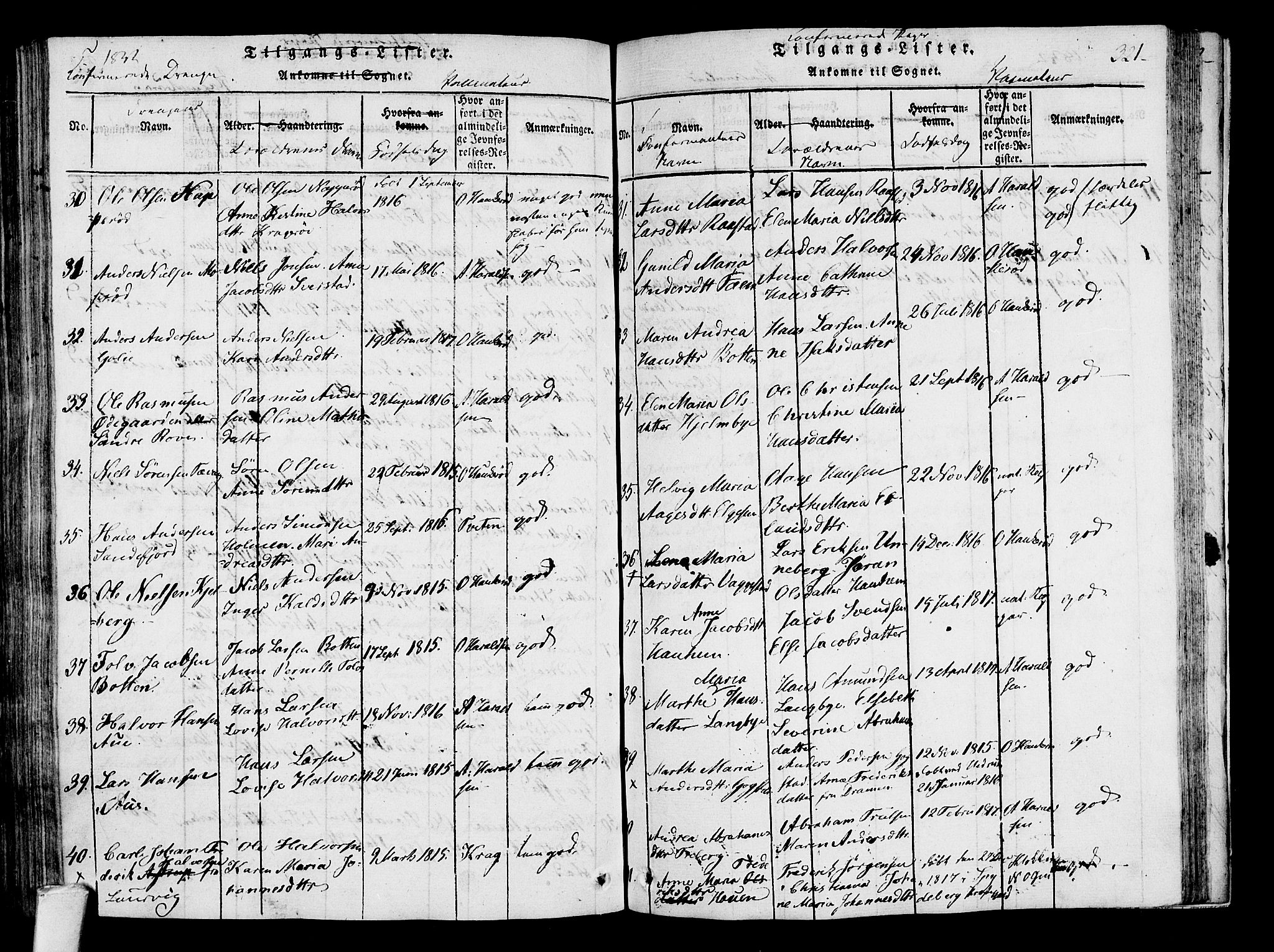 Sandar kirkebøker, AV/SAKO-A-243/F/Fa/L0004: Parish register (official) no. 4, 1814-1832, p. 321