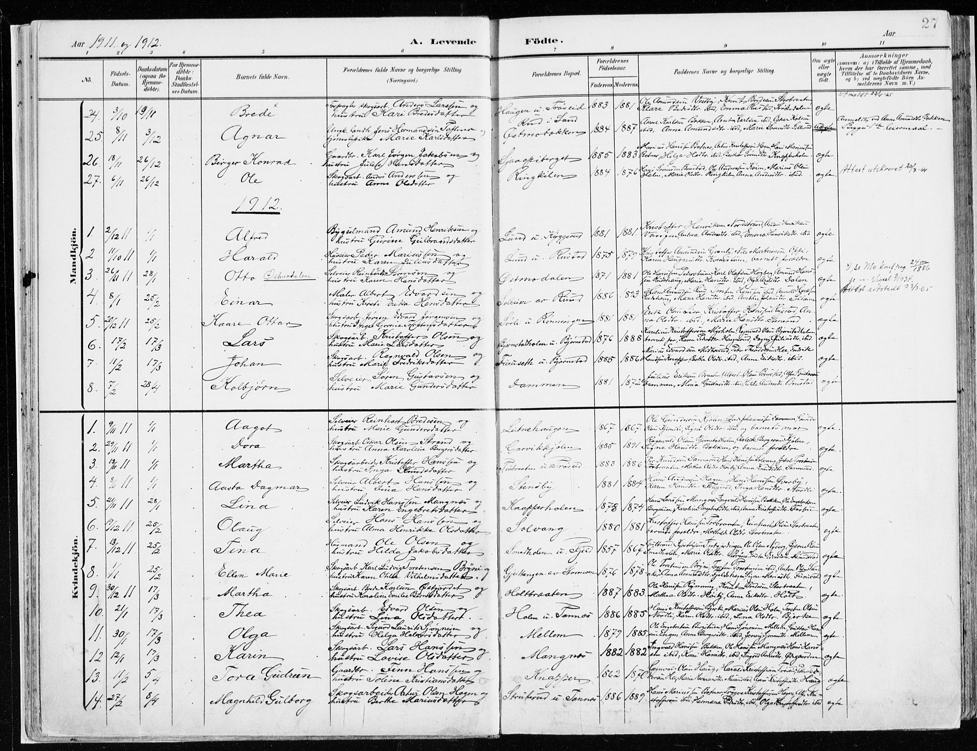 Nord-Odal prestekontor, SAH/PREST-032/H/Ha/Haa/L0009: Parish register (official) no. 9, 1902-1926, p. 27