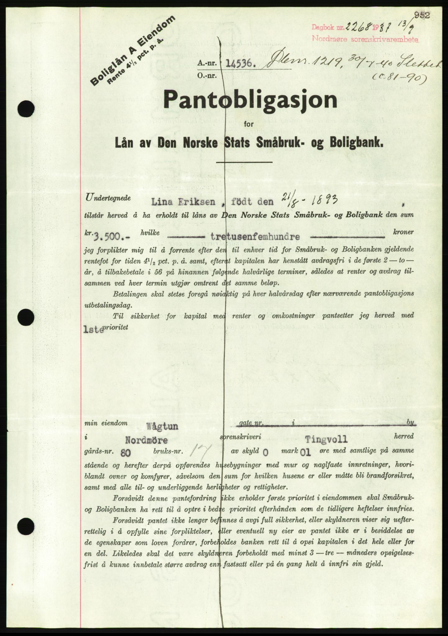 Nordmøre sorenskriveri, AV/SAT-A-4132/1/2/2Ca/L0091: Mortgage book no. B81, 1937-1937, Diary no: : 2268/1937